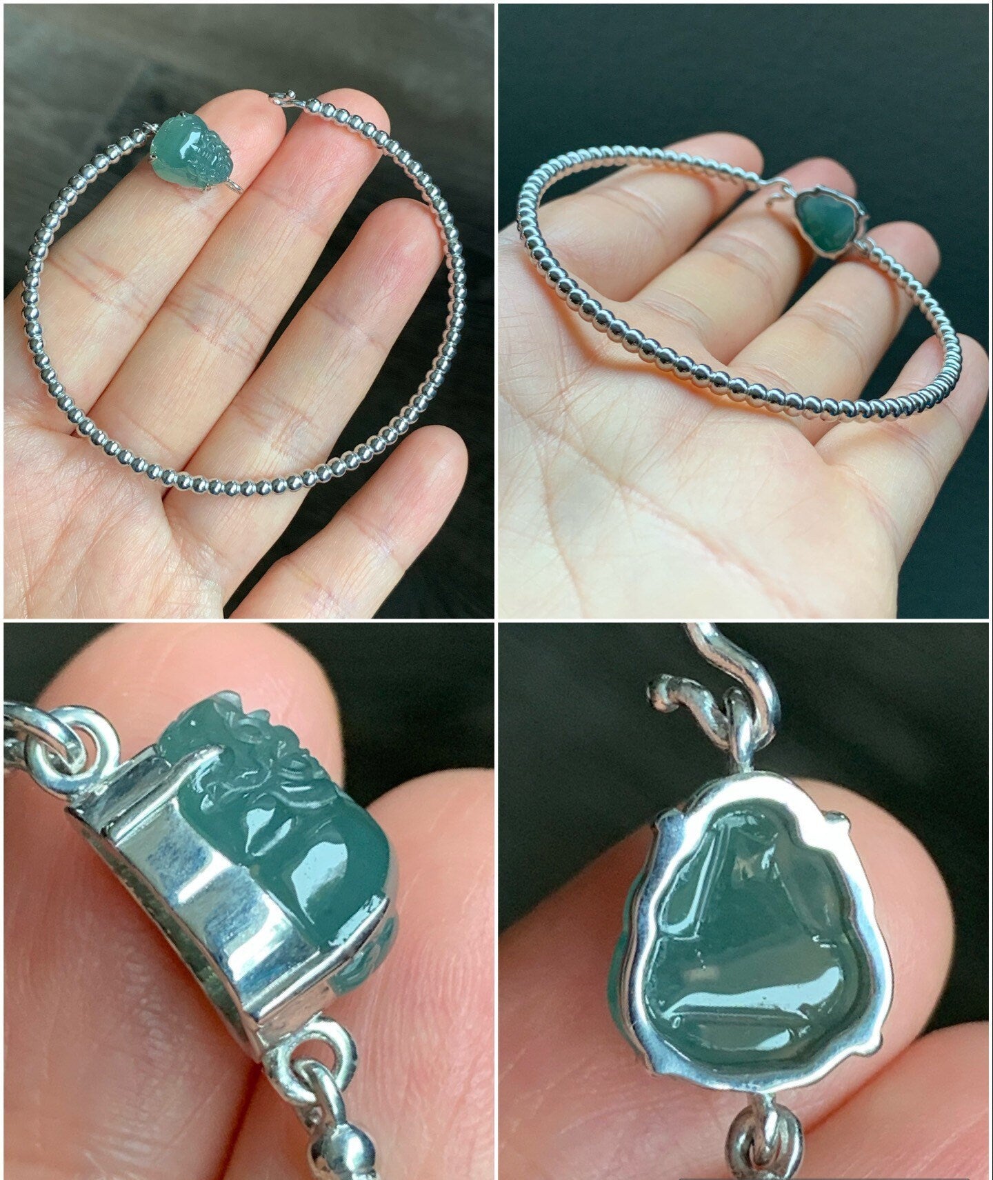 Certified Natural Guatemalan Grade A Icy Teal Blue Jadeite 3-Legged Toad Bangle Bracelet Sterling Silver Custom Design 天然冰蓝水翡翠三脚金蟾银镶手镯 2697