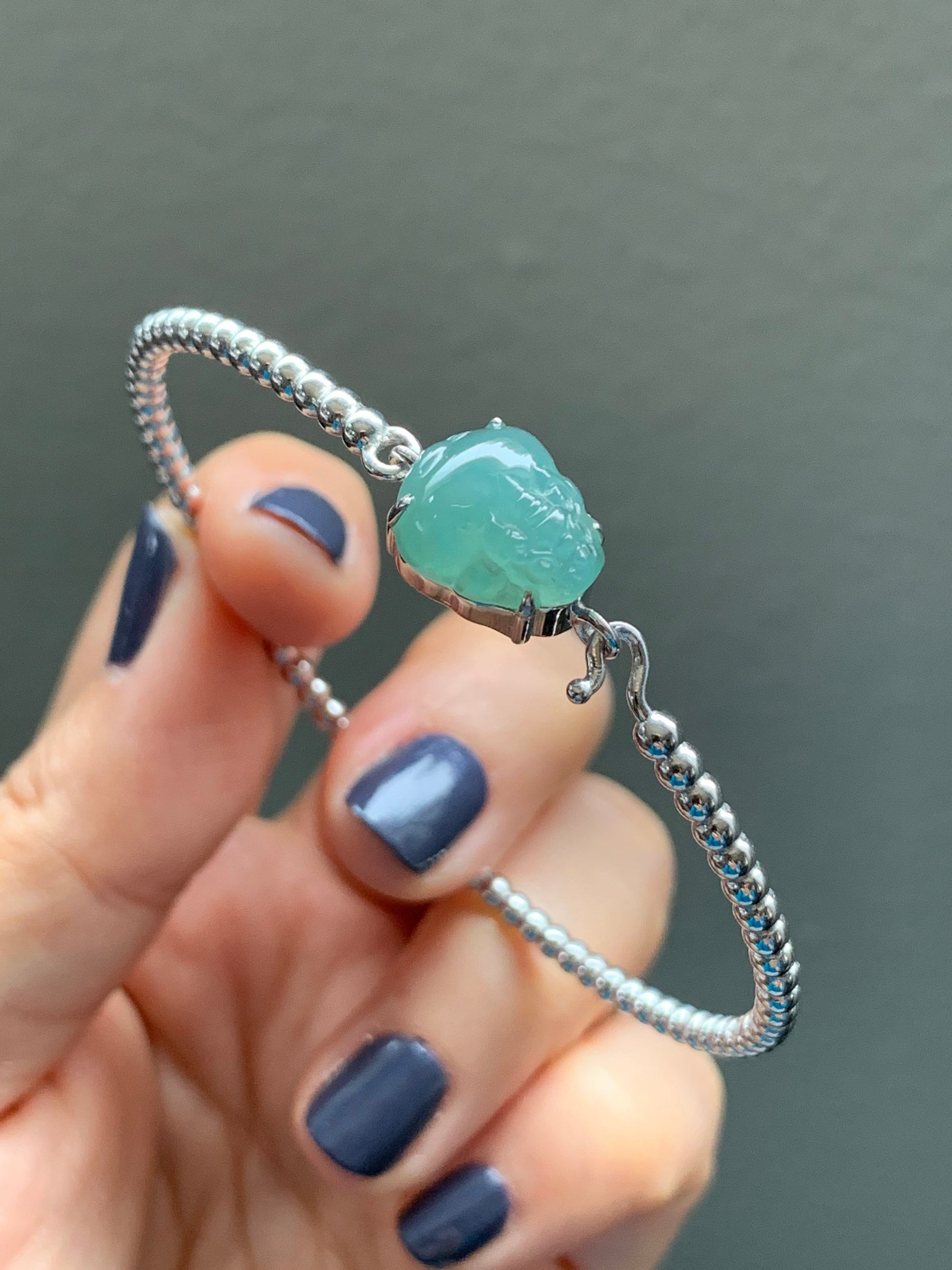 Certified Natural Guatemalan Grade A Icy Teal Blue Jadeite 3-Legged Toad Bangle Bracelet Sterling Silver Custom Design 天然冰蓝水翡翠三脚金蟾银镶手镯 2697