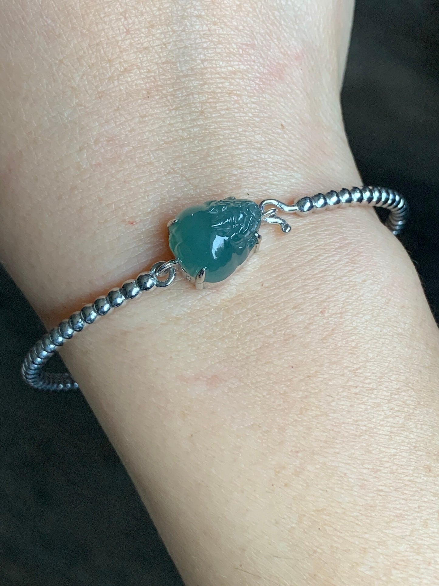 Certified Natural Guatemalan Grade A Icy Teal Blue Jadeite 3-Legged Toad Bangle Bracelet Sterling Silver Custom Design 天然冰蓝水翡翠三脚金蟾银镶手镯 2697