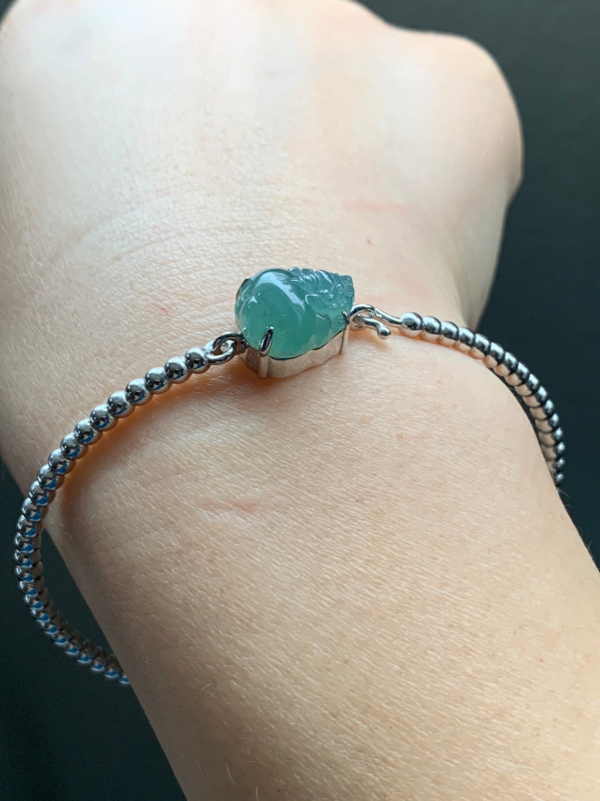 Certified Natural Guatemalan Grade A Icy Teal Blue Jadeite 3-Legged Toad Bangle Bracelet Sterling Silver Custom Design 天然冰蓝水翡翠三脚金蟾银镶手镯 2697