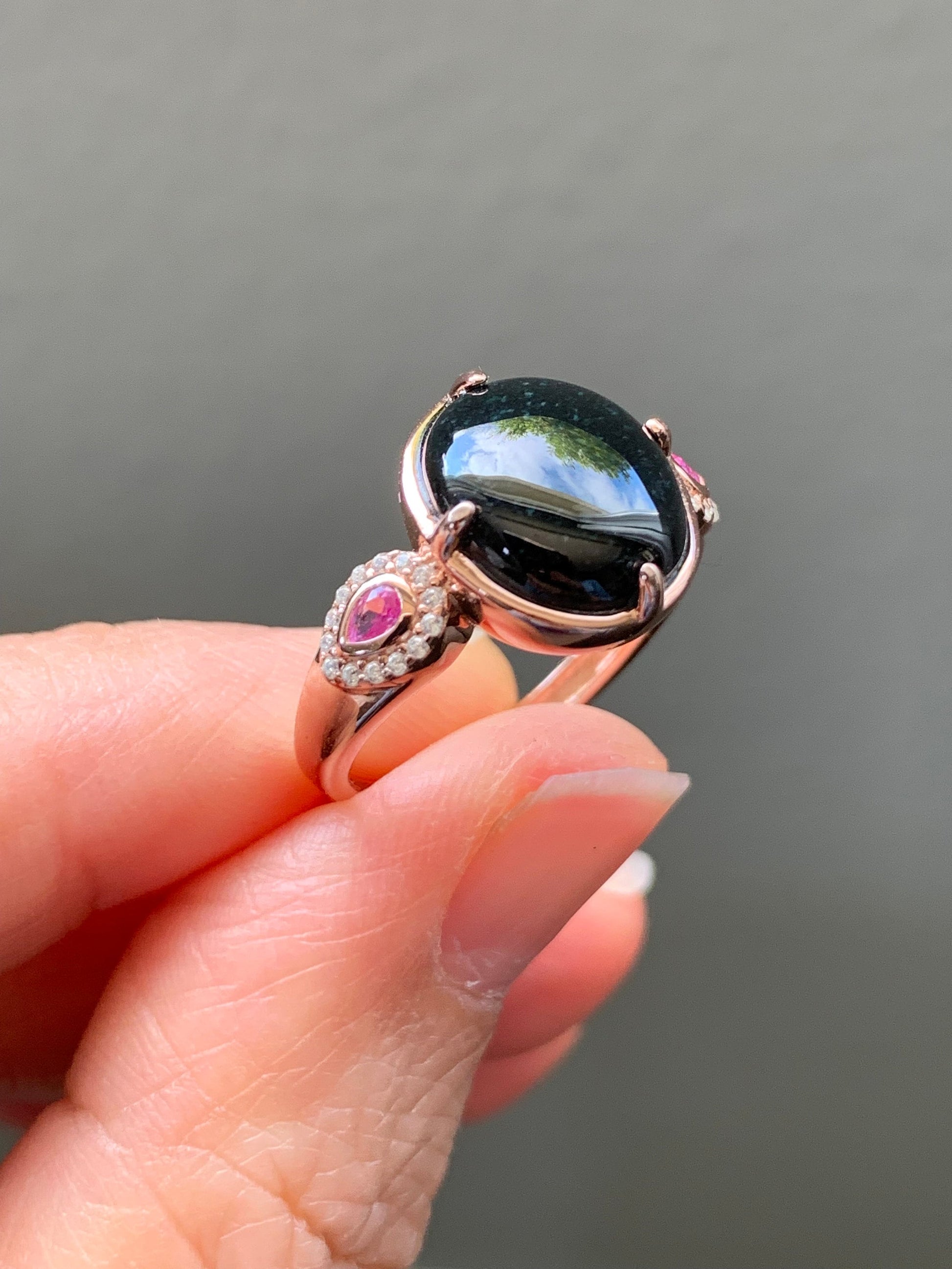 Certified Natural Burmese Icy Translucent Intense Black Jadeite Oval Ring S925 Sterling Silver Rose Gold Finish 天然缅甸墨翠透绿银镶戒指 MC300