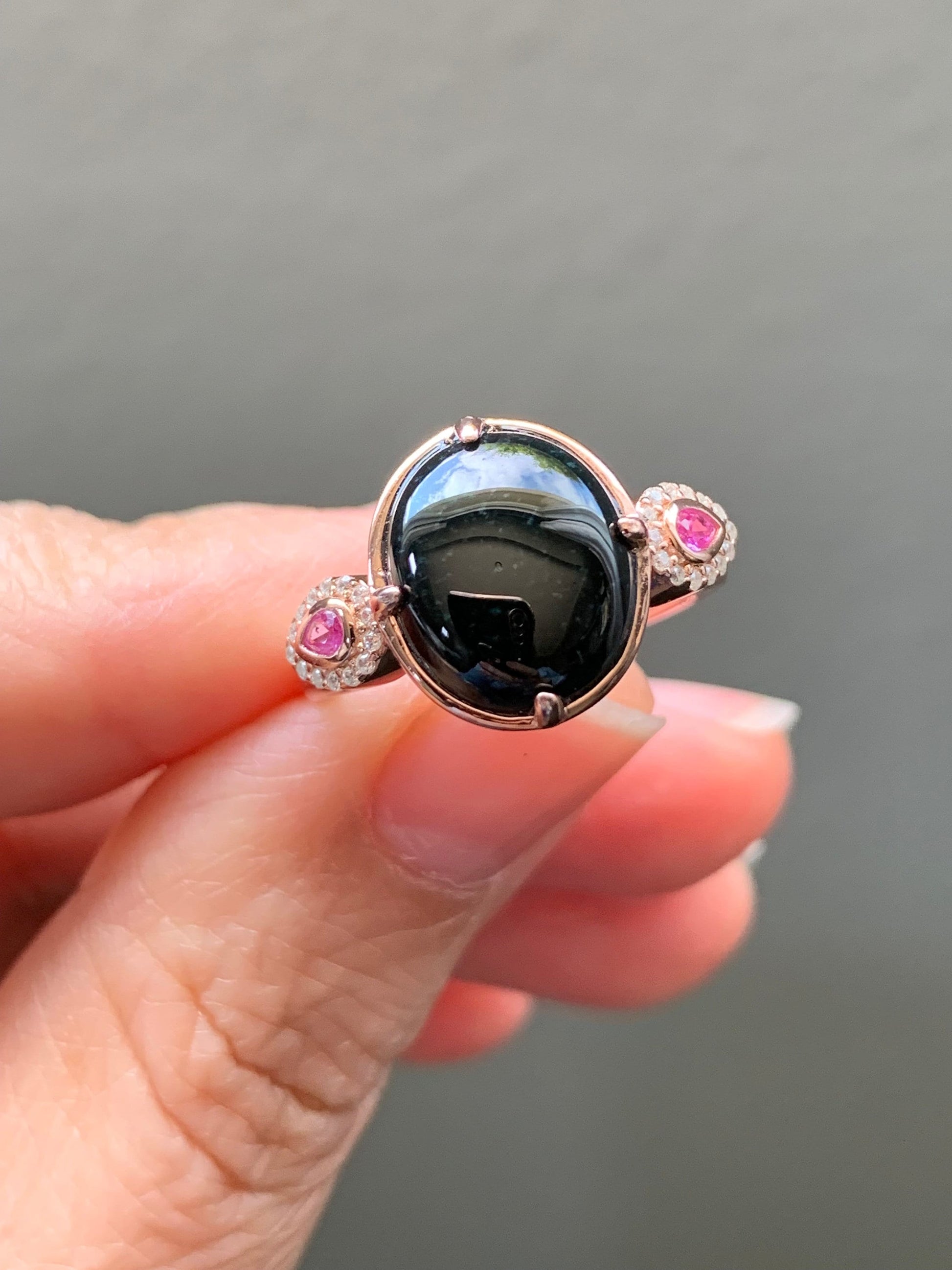 Certified Natural Burmese Icy Translucent Intense Black Jadeite Oval Ring S925 Sterling Silver Rose Gold Finish 天然缅甸墨翠透绿银镶戒指 MC300