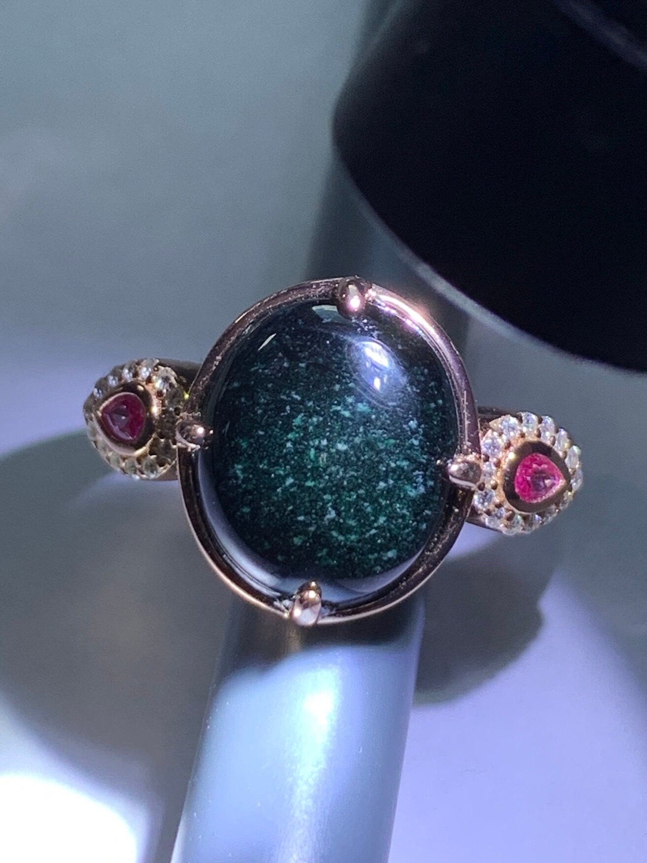 Certified Natural Burmese Icy Translucent Intense Black Jadeite Oval Ring S925 Sterling Silver Rose Gold Finish 天然缅甸墨翠透绿银镶戒指 MC300