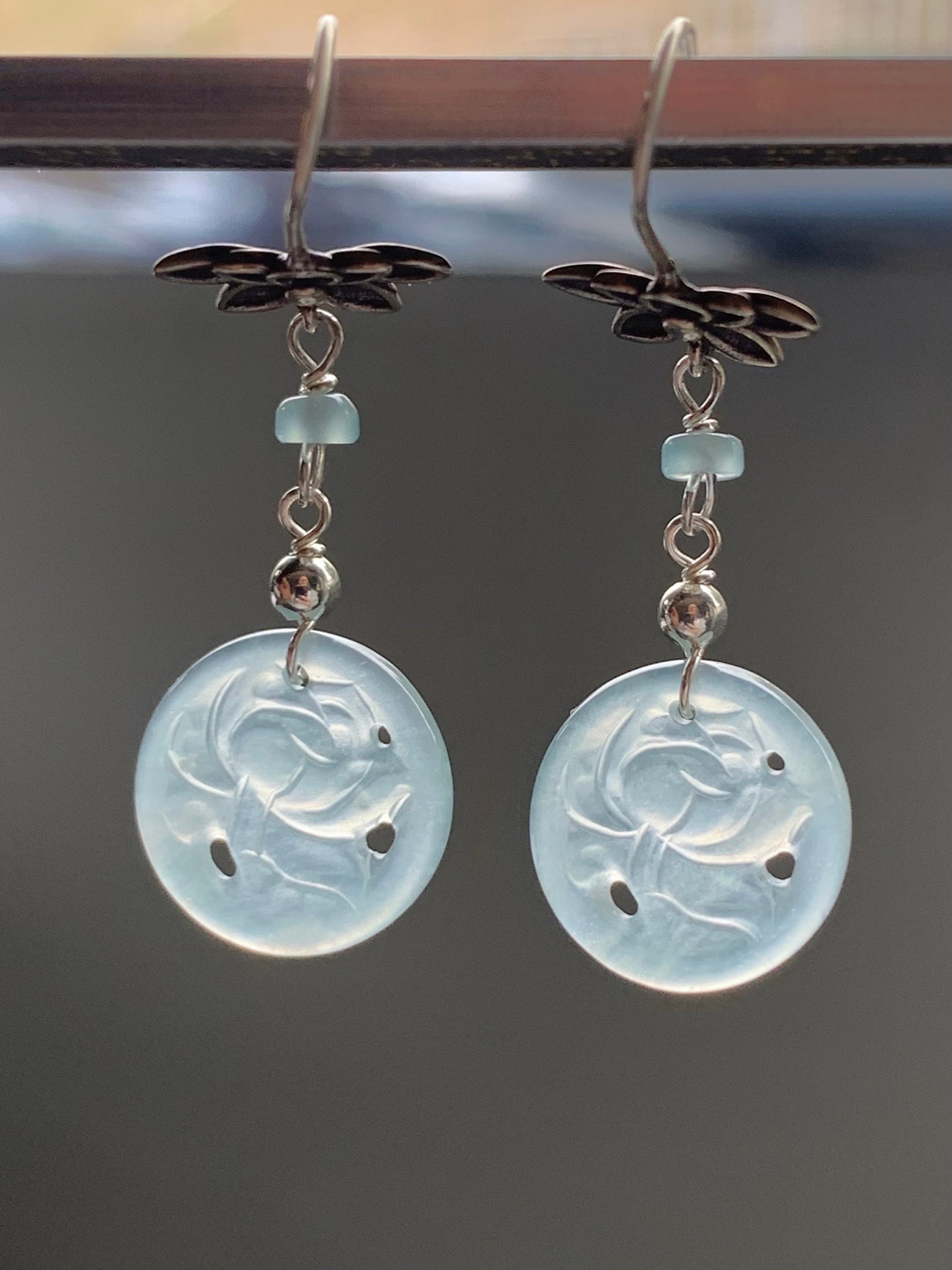 Stunning Natural Guatemalan Icy Highly Translucent Light Blue Jadeite Lotus Flower Dangle Earrings S925 Sterling Silver 天然冰危天空蓝翡翠莲花银耳钩