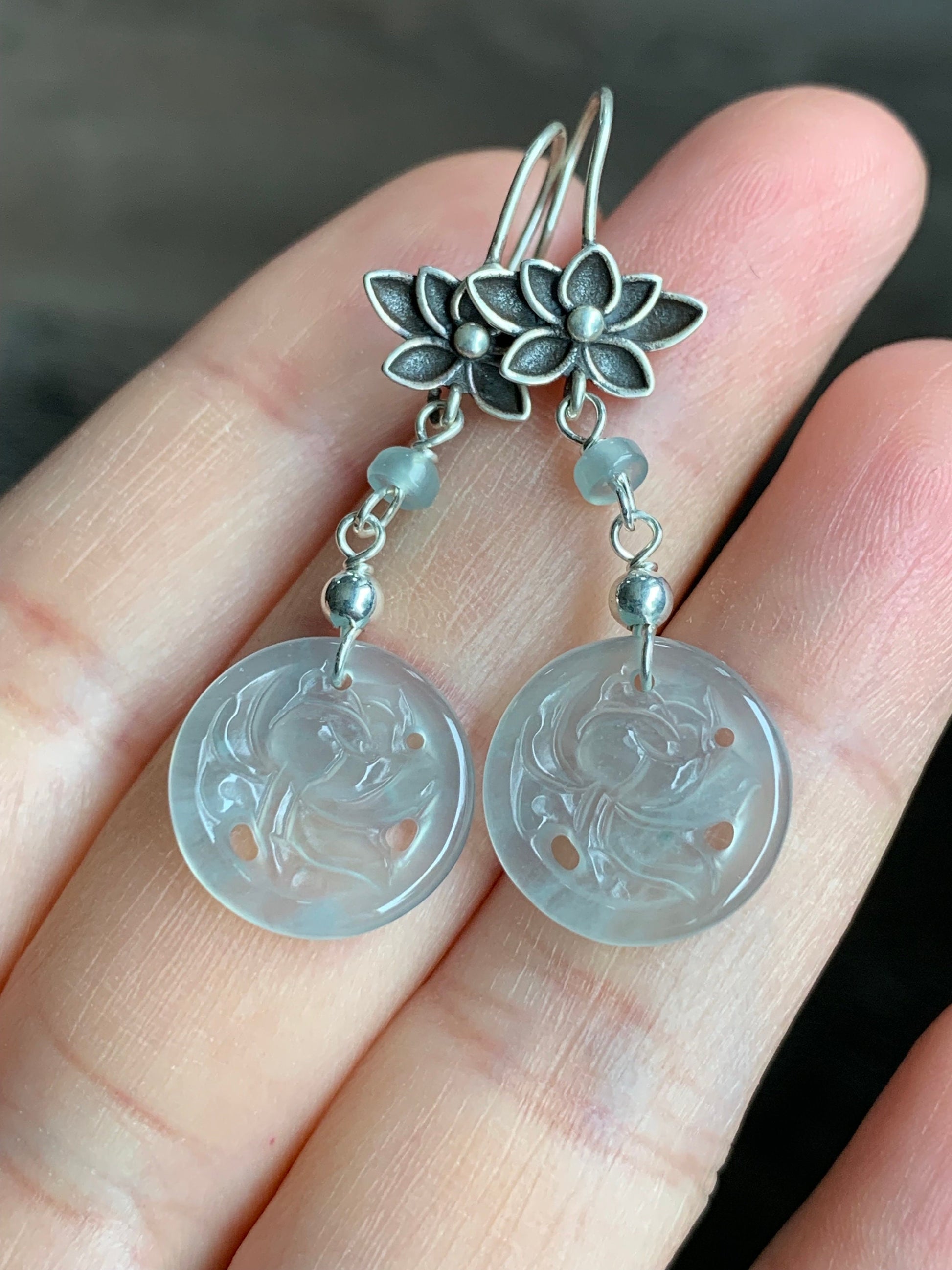 Stunning Natural Guatemalan Icy Highly Translucent Light Blue Jadeite Lotus Flower Dangle Earrings S925 Sterling Silver 天然冰危天空蓝翡翠莲花银耳钩