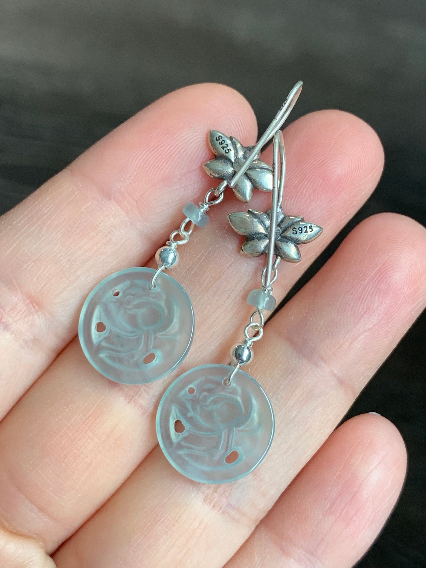 Stunning Natural Guatemalan Icy Highly Translucent Light Blue Jadeite Lotus Flower Dangle Earrings S925 Sterling Silver 天然冰危天空蓝翡翠莲花银耳钩