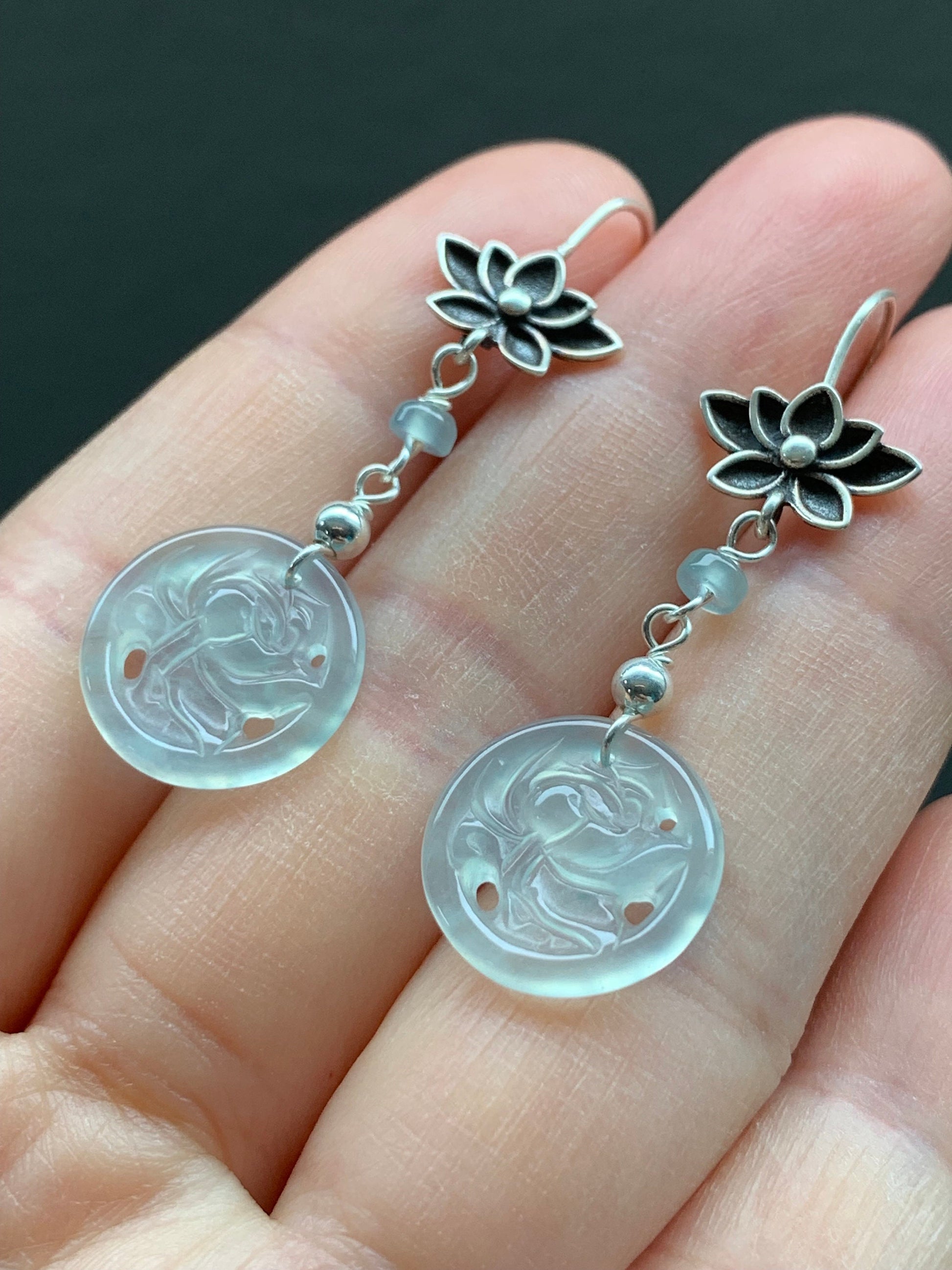 Stunning Natural Guatemalan Icy Highly Translucent Light Blue Jadeite Lotus Flower Dangle Earrings S925 Sterling Silver 天然冰危天空蓝翡翠莲花银耳钩