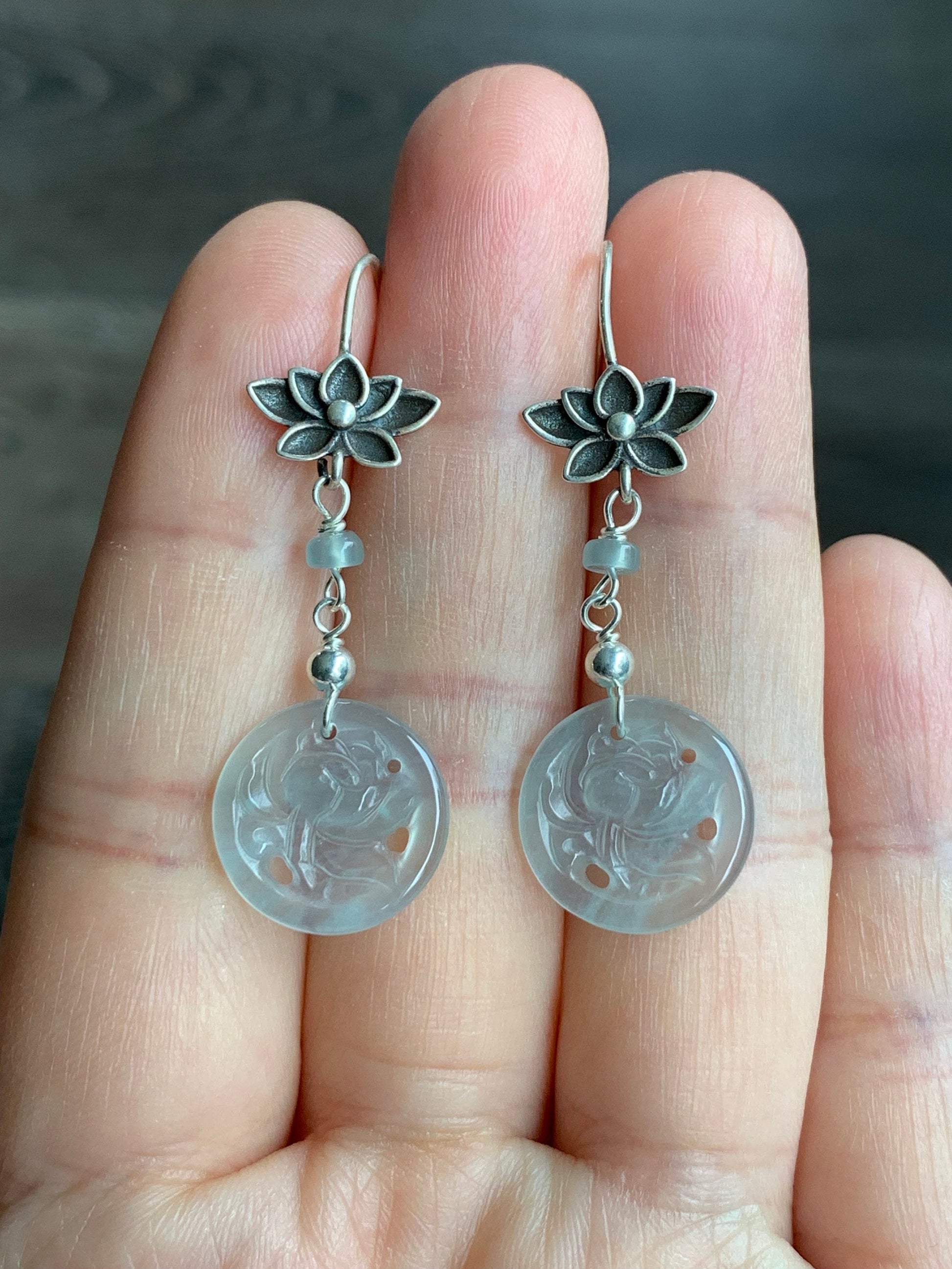 Stunning Natural Guatemalan Icy Highly Translucent Light Blue Jadeite Lotus Flower Dangle Earrings S925 Sterling Silver 天然冰危天空蓝翡翠莲花银耳钩