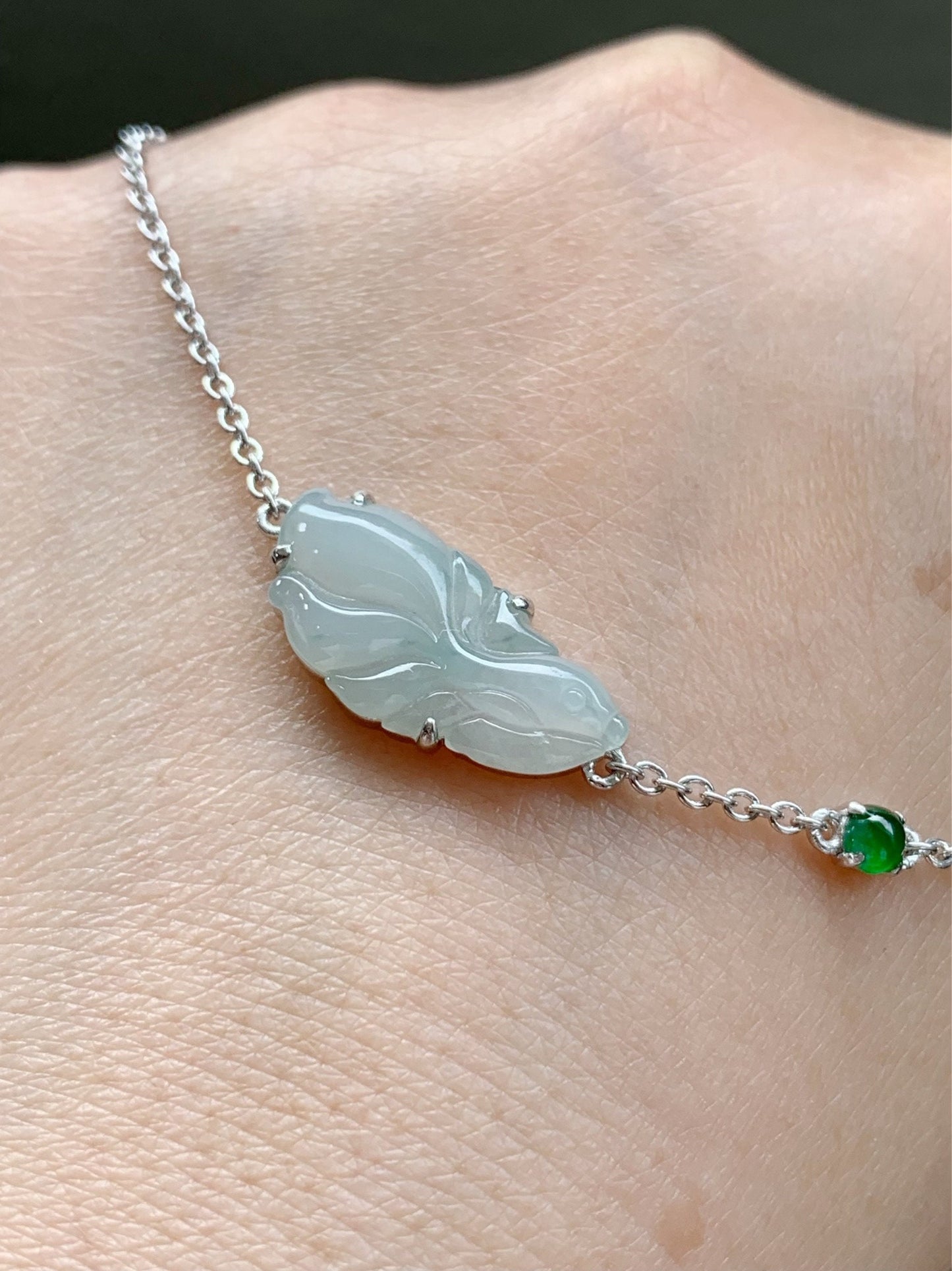 Certified Natural Burmese Icy Translucent Gelatinous White Jadeite Betta Fish Bracelet Sterling Silver Adjustable 天然缅甸冰胶翡翠葫泰国斗鱼银镶手链