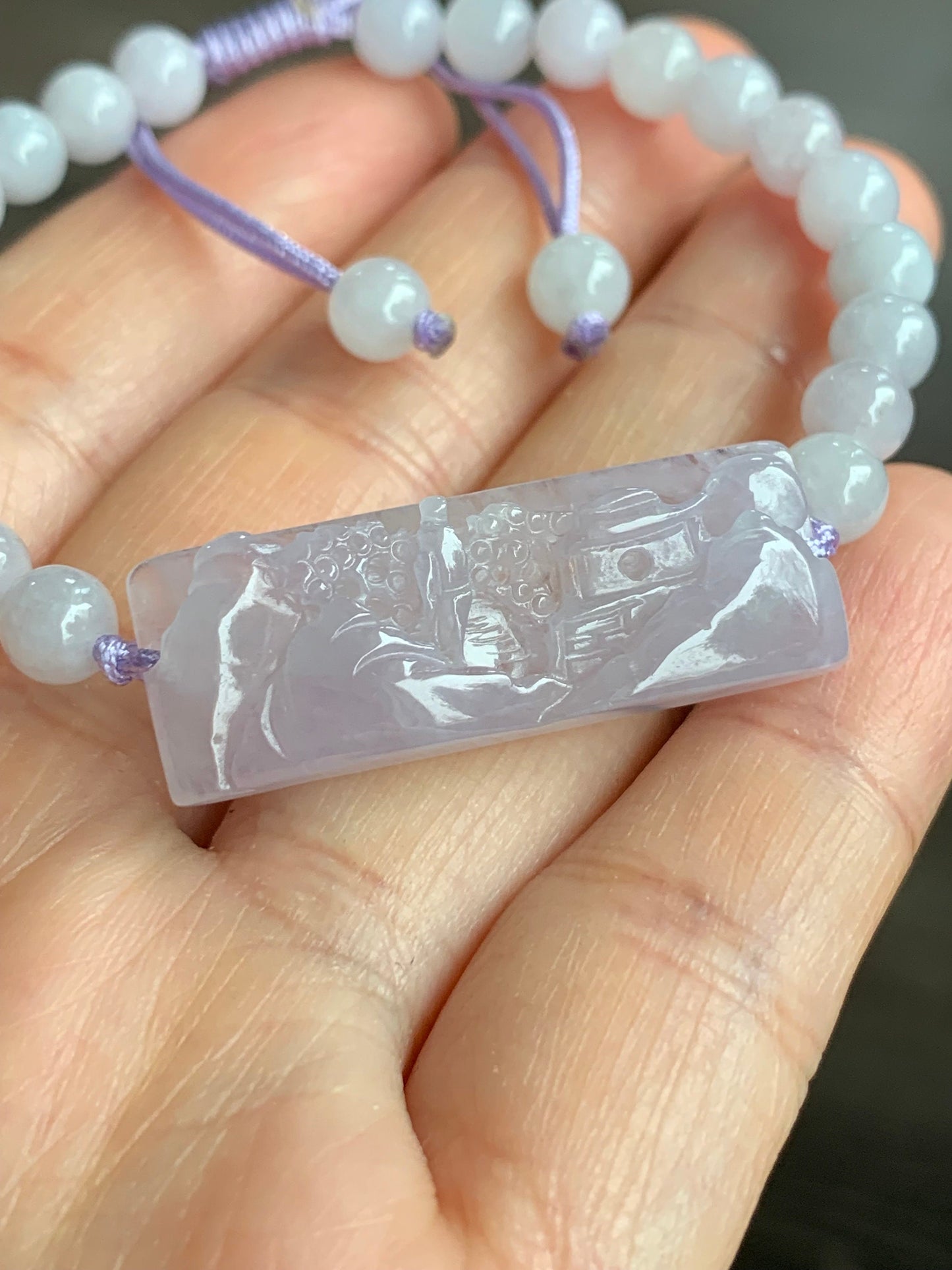 Stunning Natural Burmese Icy Highly Translucent Light Purple Jadeite Shan Shui Landscape Beaded Bracelet Adjustable 6.5” 天然缅甸冰紫翡翠山水手牌手串