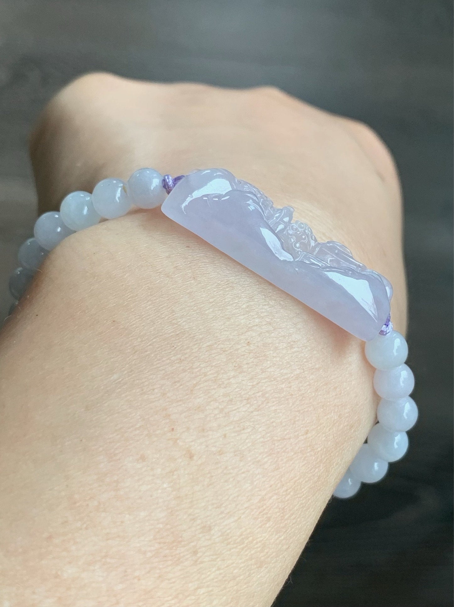 Stunning Natural Burmese Icy Highly Translucent Light Purple Jadeite Shan Shui Landscape Beaded Bracelet Adjustable 6.5” 天然缅甸冰紫翡翠山水手牌手串