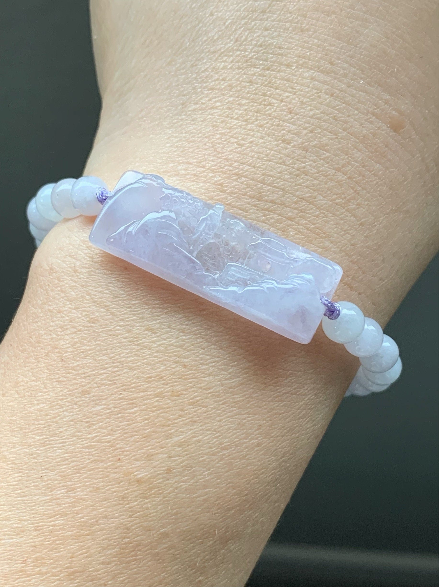 Stunning Natural Burmese Icy Highly Translucent Light Purple Jadeite Shan Shui Landscape Beaded Bracelet Adjustable 6.5” 天然缅甸冰紫翡翠山水手牌手串