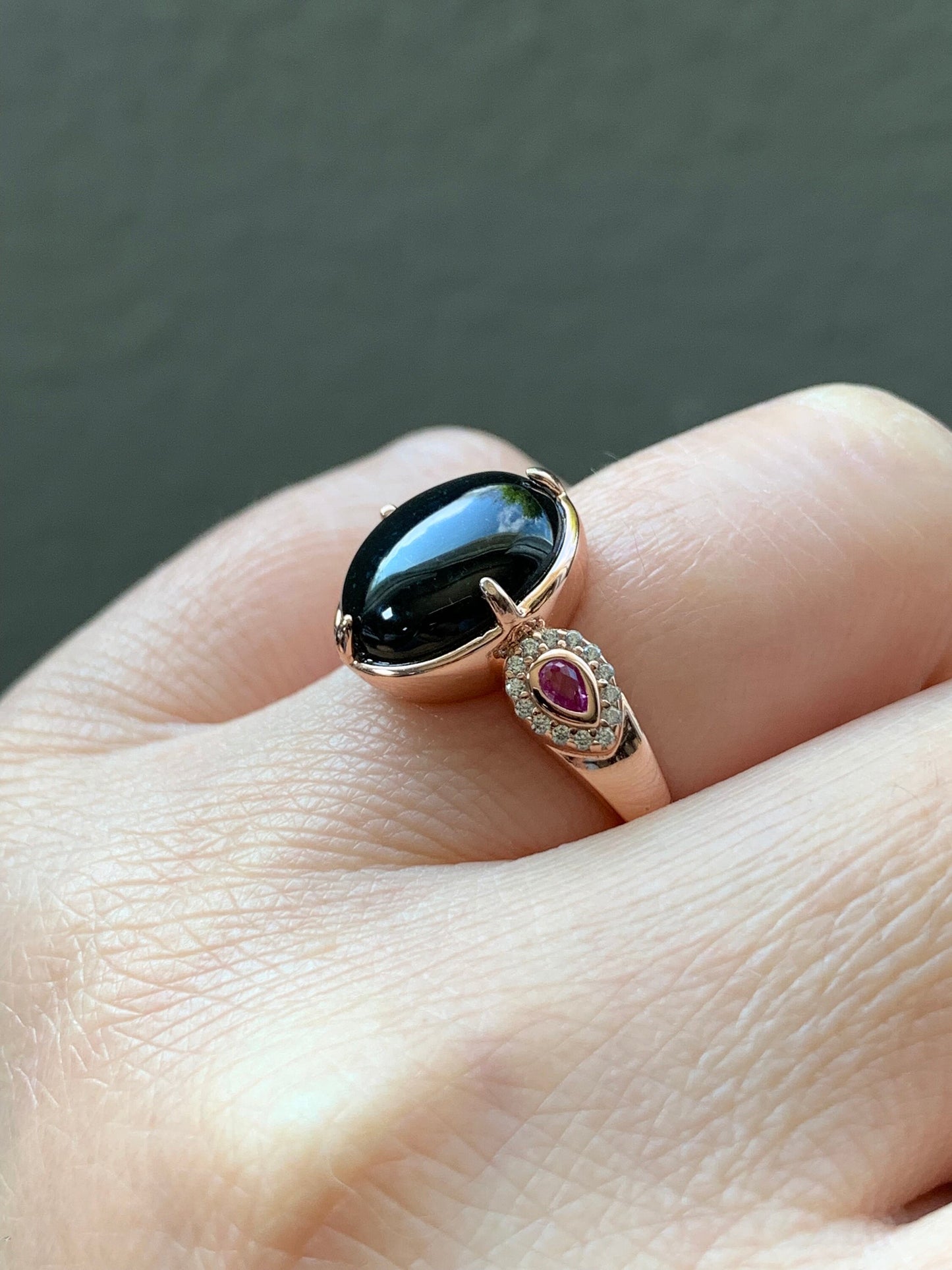 Certified Natural Burmese Icy Translucent Intense Black Jadeite Oval Ring S925 Sterling Silver Rose Gold Finish 天然缅甸墨翠透绿银镶戒指 MC300