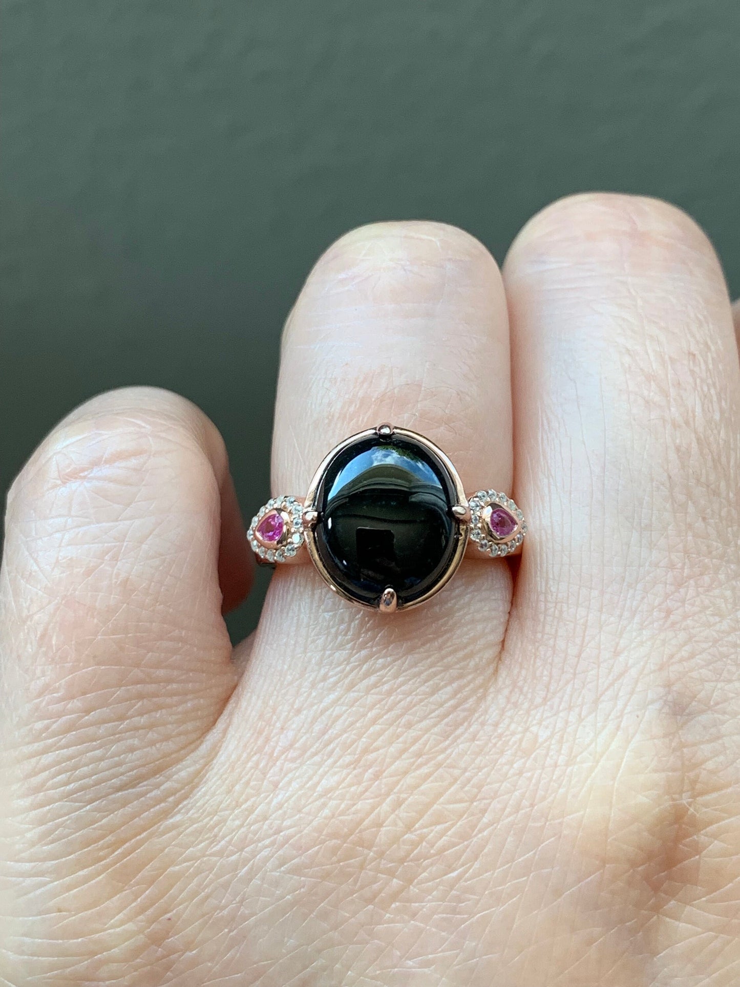 Certified Natural Burmese Icy Translucent Intense Black Jadeite Oval Ring S925 Sterling Silver Rose Gold Finish 天然缅甸墨翠透绿银镶戒指 MC300