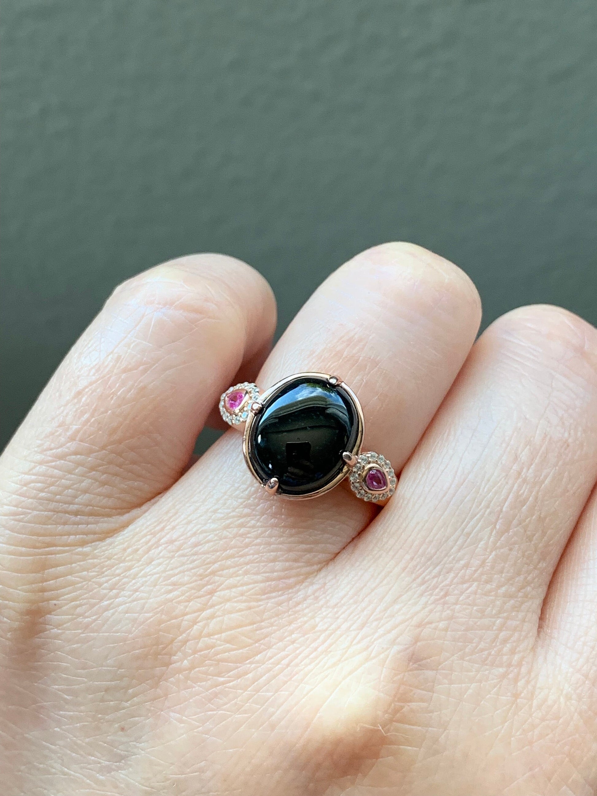 Certified Natural Burmese Icy Translucent Intense Black Jadeite Oval Ring S925 Sterling Silver Rose Gold Finish 天然缅甸墨翠透绿银镶戒指 MC300