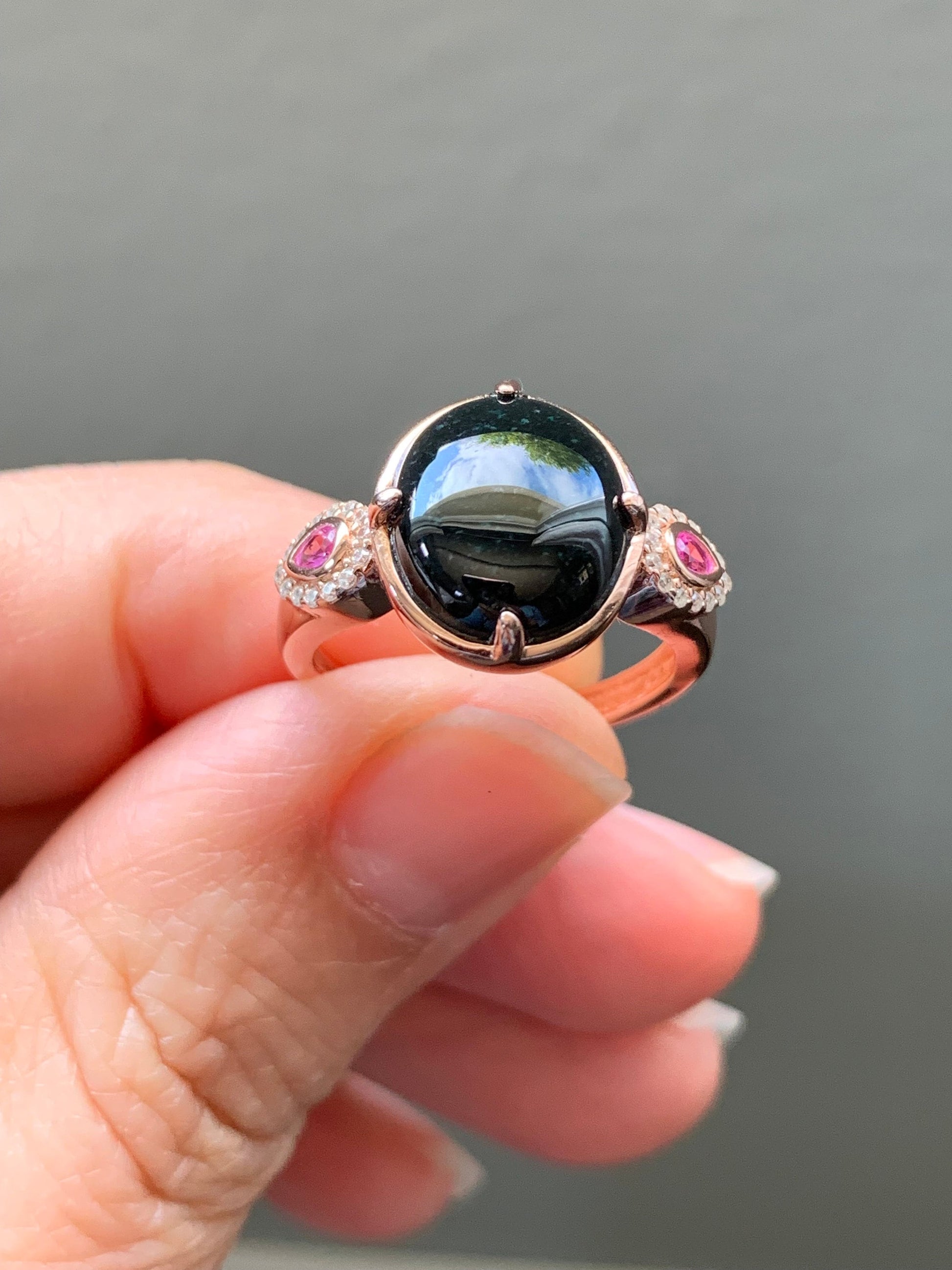 Certified Natural Burmese Icy Translucent Intense Black Jadeite Oval Ring S925 Sterling Silver Rose Gold Finish 天然缅甸墨翠透绿银镶戒指 MC300