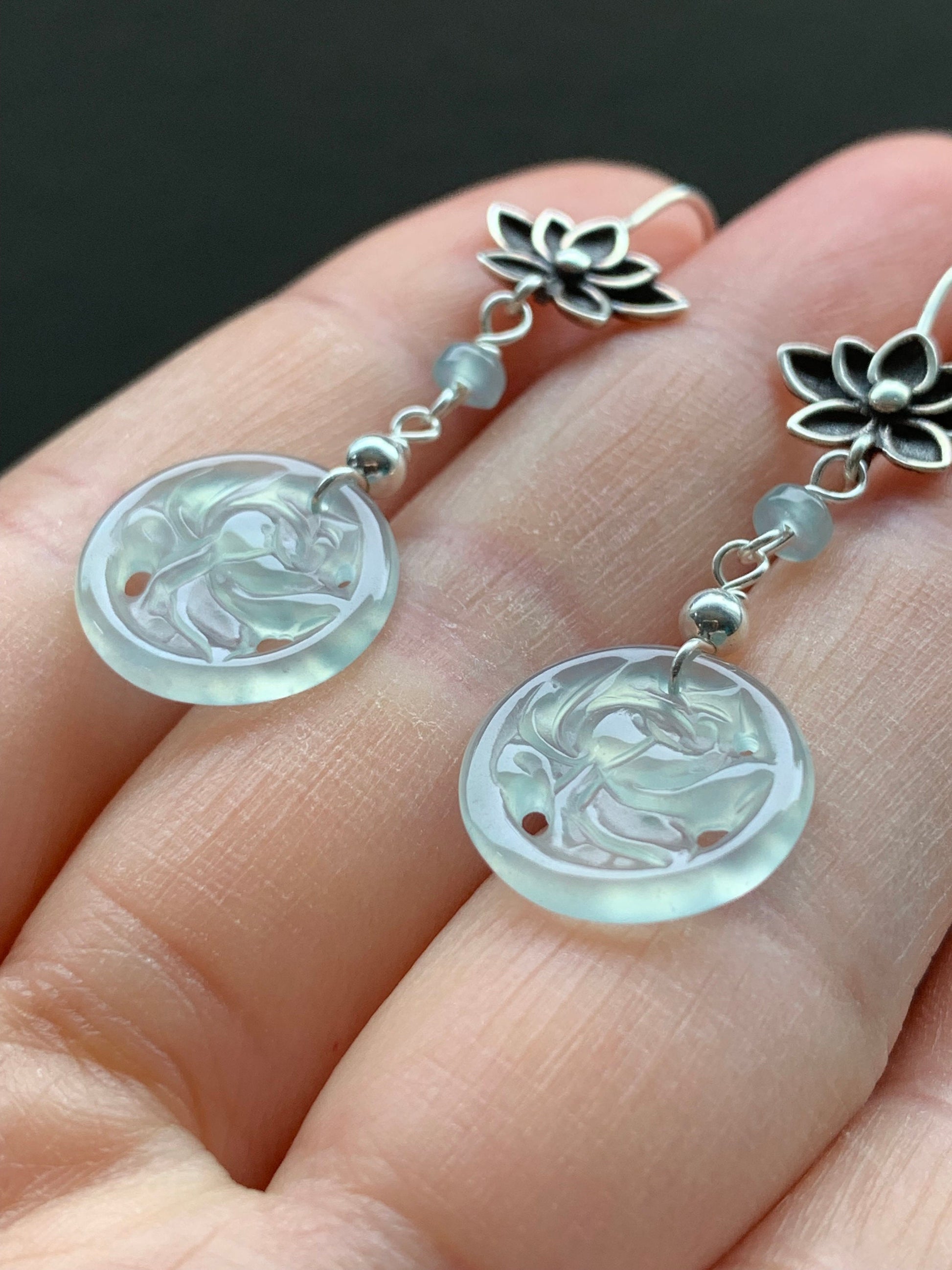 Stunning Natural Guatemalan Icy Highly Translucent Light Blue Jadeite Lotus Flower Dangle Earrings S925 Sterling Silver 天然冰危天空蓝翡翠莲花银耳钩