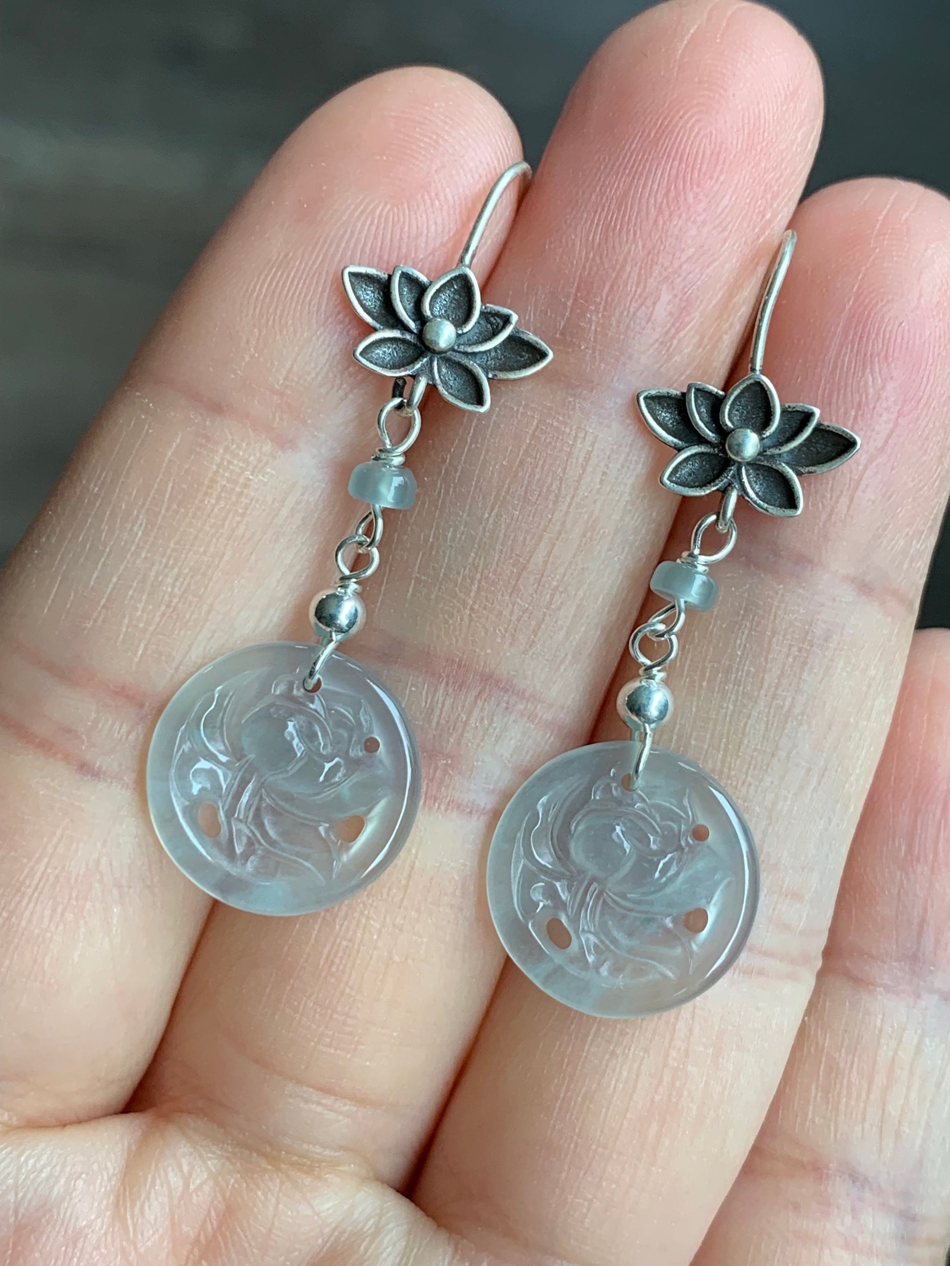 Stunning Natural Guatemalan Icy Highly Translucent Light Blue Jadeite Lotus Flower Dangle Earrings S925 Sterling Silver 天然冰危天空蓝翡翠莲花银耳钩