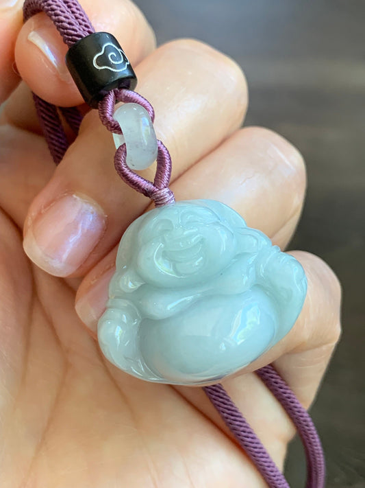 Natural Burmese Translucent Light Bluish Green Jadeite Buddha Pendant Rope Necklace 25” 天然缅甸细糯晴蓝底翡翠佛公吊坠