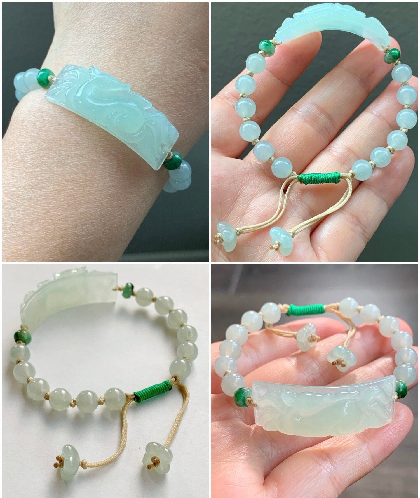 Stunning Natural Burmese Icy Translucent Gelatinous Light Green Jadeite Carved 9-Tailed Fox Beaded Bracelet 天然缅甸冰胶晴底翡翠九尾狐手牌手串