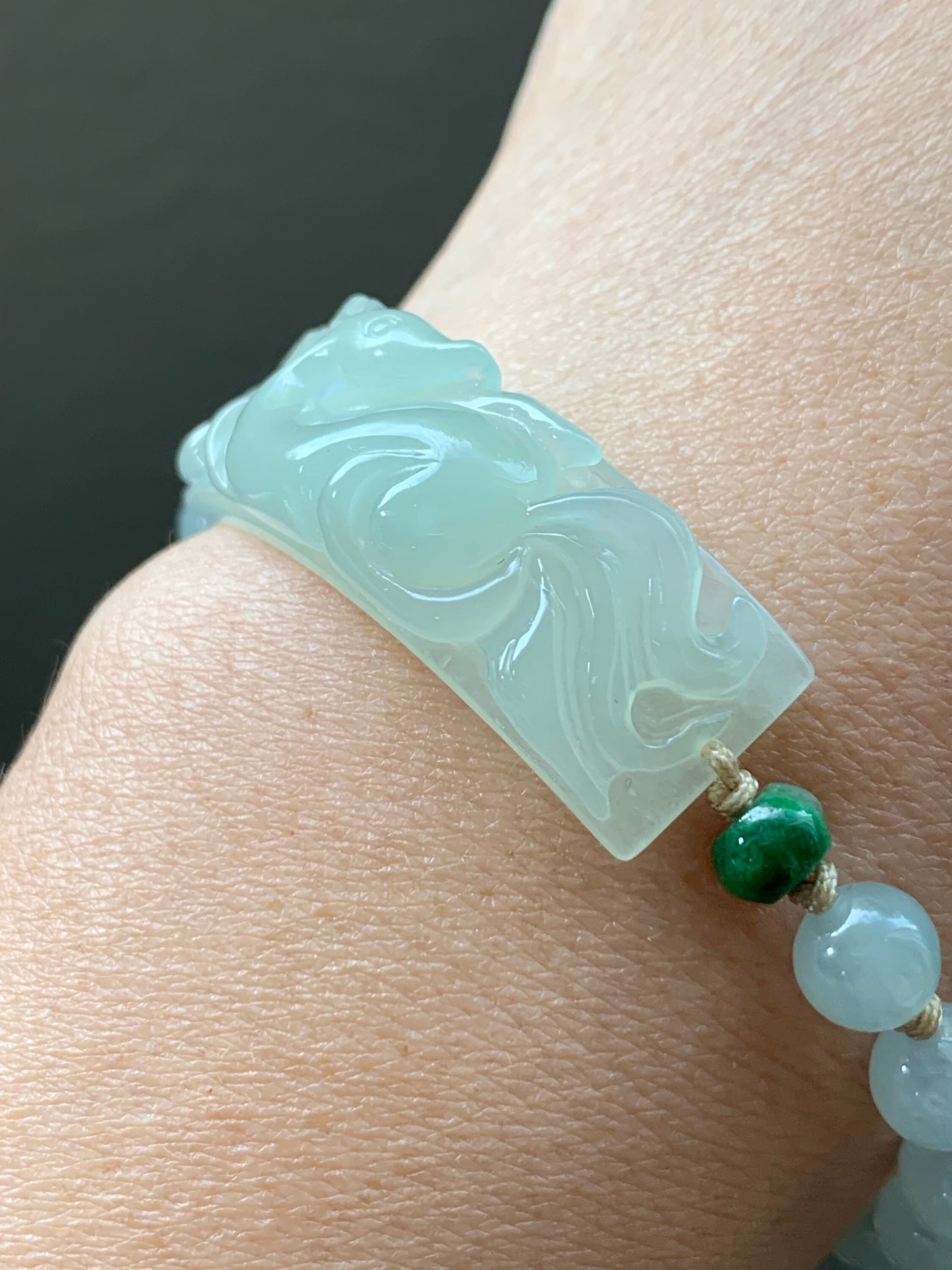 Stunning Natural Burmese Icy Translucent Gelatinous Light Green Jadeite Carved 9-Tailed Fox Beaded Bracelet 天然缅甸冰胶晴底翡翠九尾狐手牌手串