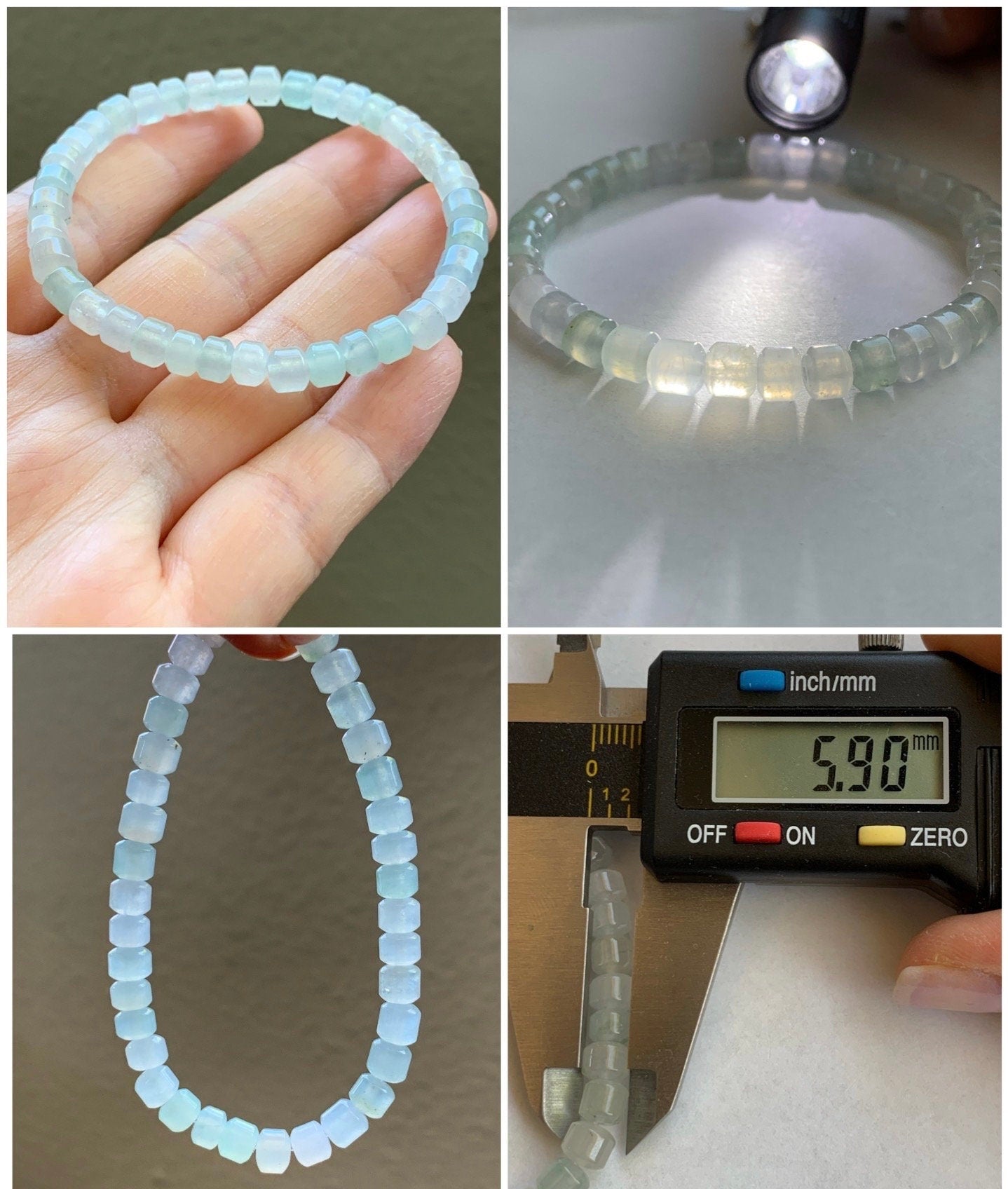 Stunning Natural Burmese A Graded Icy Highly Translucent Clear & Light Green Jadeite Modified Barrel Beads Beaded Bracelet 7” 天然缅甸冰透晴底翡翠桶珠手串