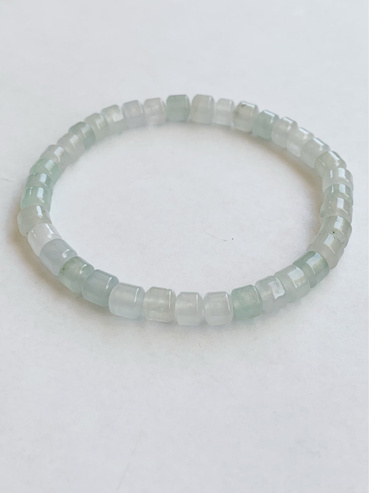 Stunning Natural Burmese A Graded Icy Highly Translucent Clear & Light Green Jadeite Modified Barrel Beads Beaded Bracelet 7” 天然缅甸冰透晴底翡翠桶珠手串