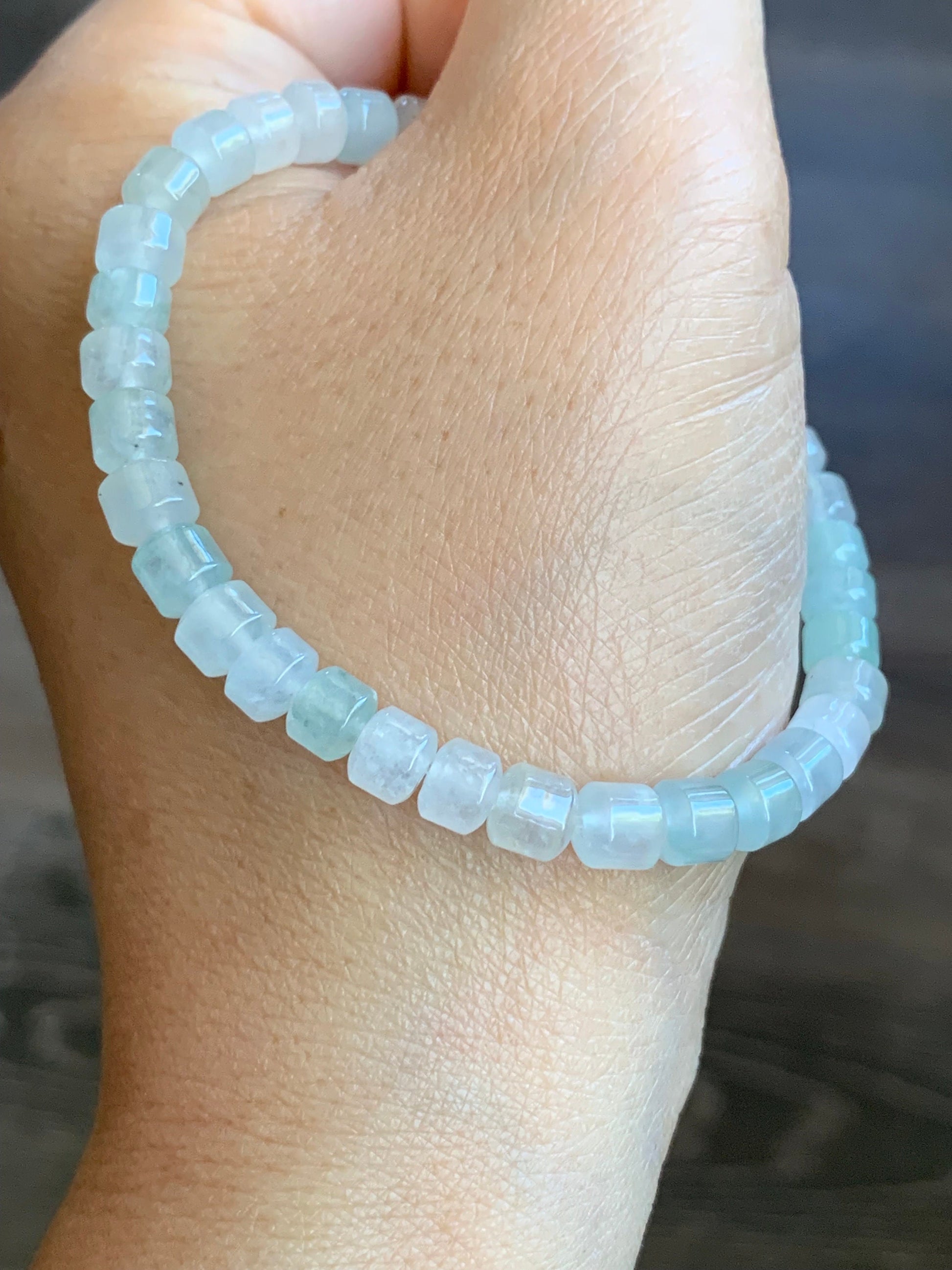 Stunning Natural Burmese A Graded Icy Highly Translucent Clear & Light Green Jadeite Modified Barrel Beads Beaded Bracelet 7” 天然缅甸冰透晴底翡翠桶珠手串