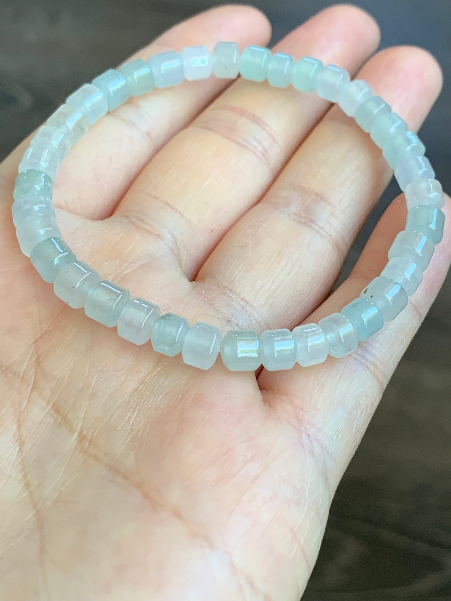 Stunning Natural Burmese A Graded Icy Highly Translucent Clear & Light Green Jadeite Modified Barrel Beads Beaded Bracelet 7” 天然缅甸冰透晴底翡翠桶珠手串