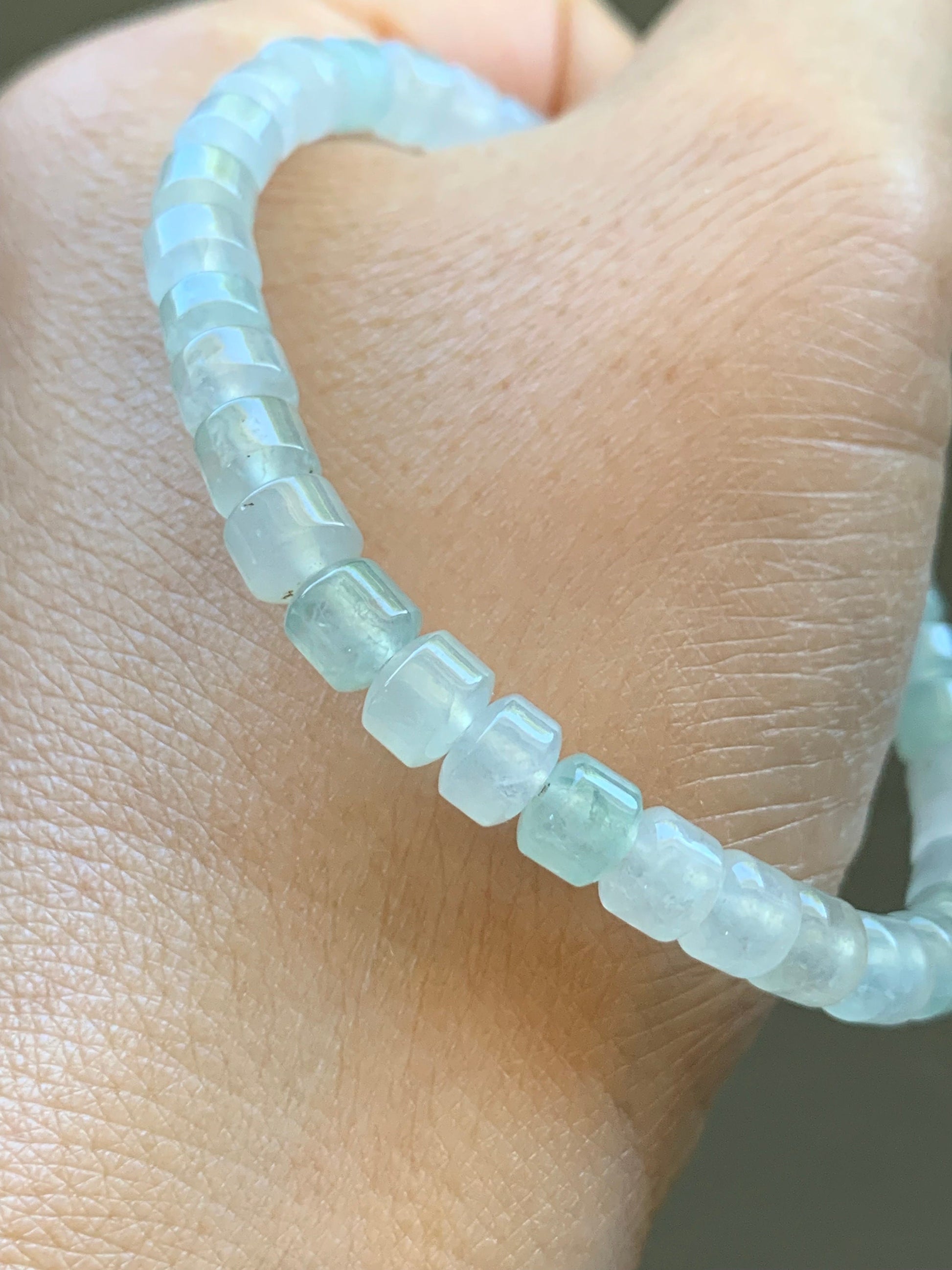 Stunning Natural Burmese A Graded Icy Highly Translucent Clear & Light Green Jadeite Modified Barrel Beads Beaded Bracelet 7” 天然缅甸冰透晴底翡翠桶珠手串