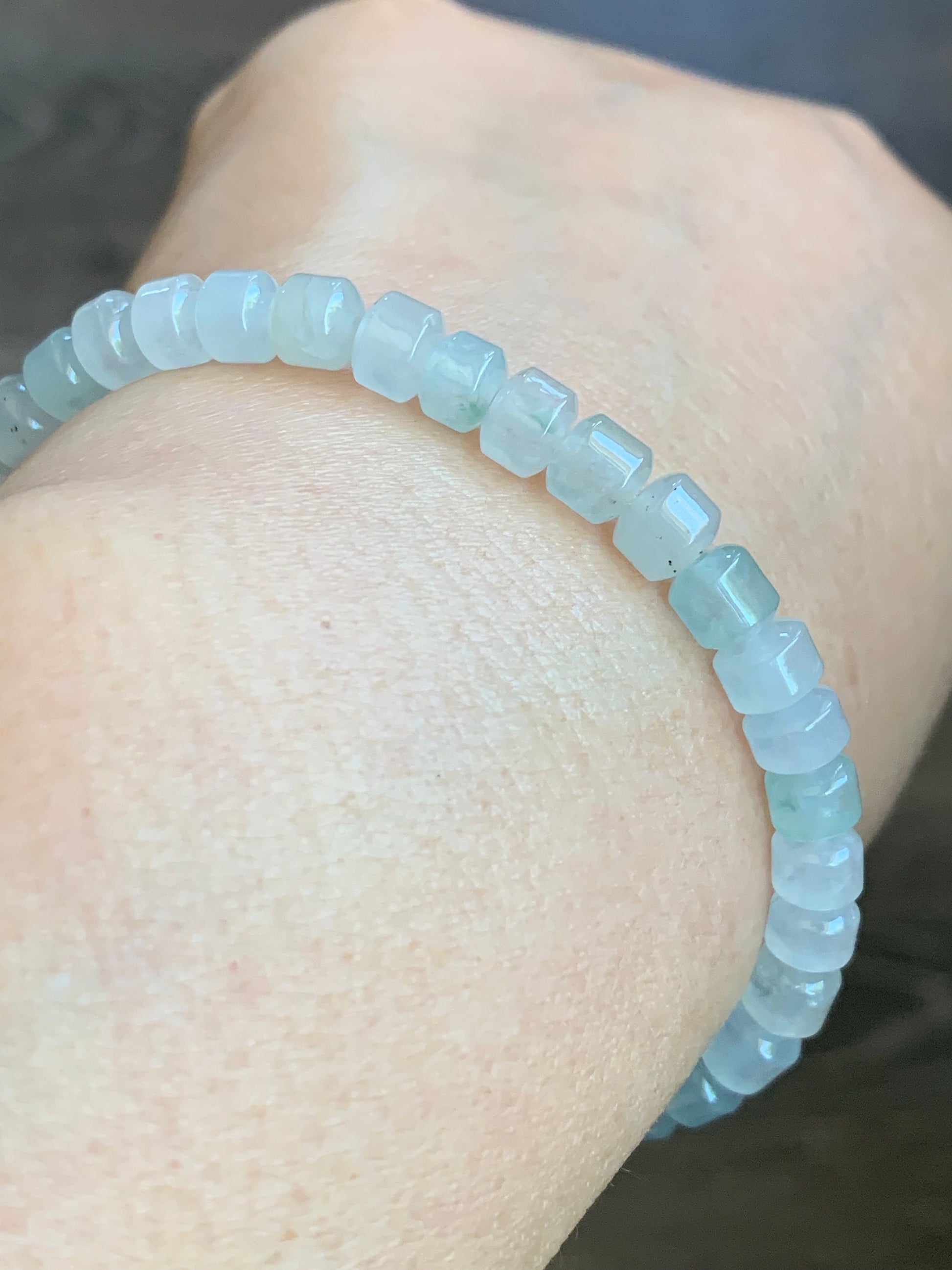 Stunning Natural Burmese A Graded Icy Highly Translucent Clear & Light Green Jadeite Modified Barrel Beads Beaded Bracelet 7” 天然缅甸冰透晴底翡翠桶珠手串