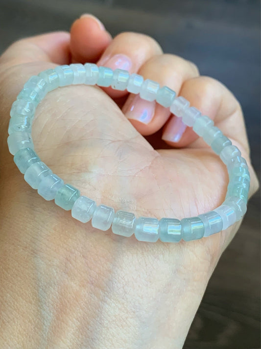 Stunning Natural Burmese A Graded Icy Highly Translucent Clear & Light Green Jadeite Modified Barrel Beads Beaded Bracelet 7” 天然缅甸冰透晴底翡翠桶珠手串