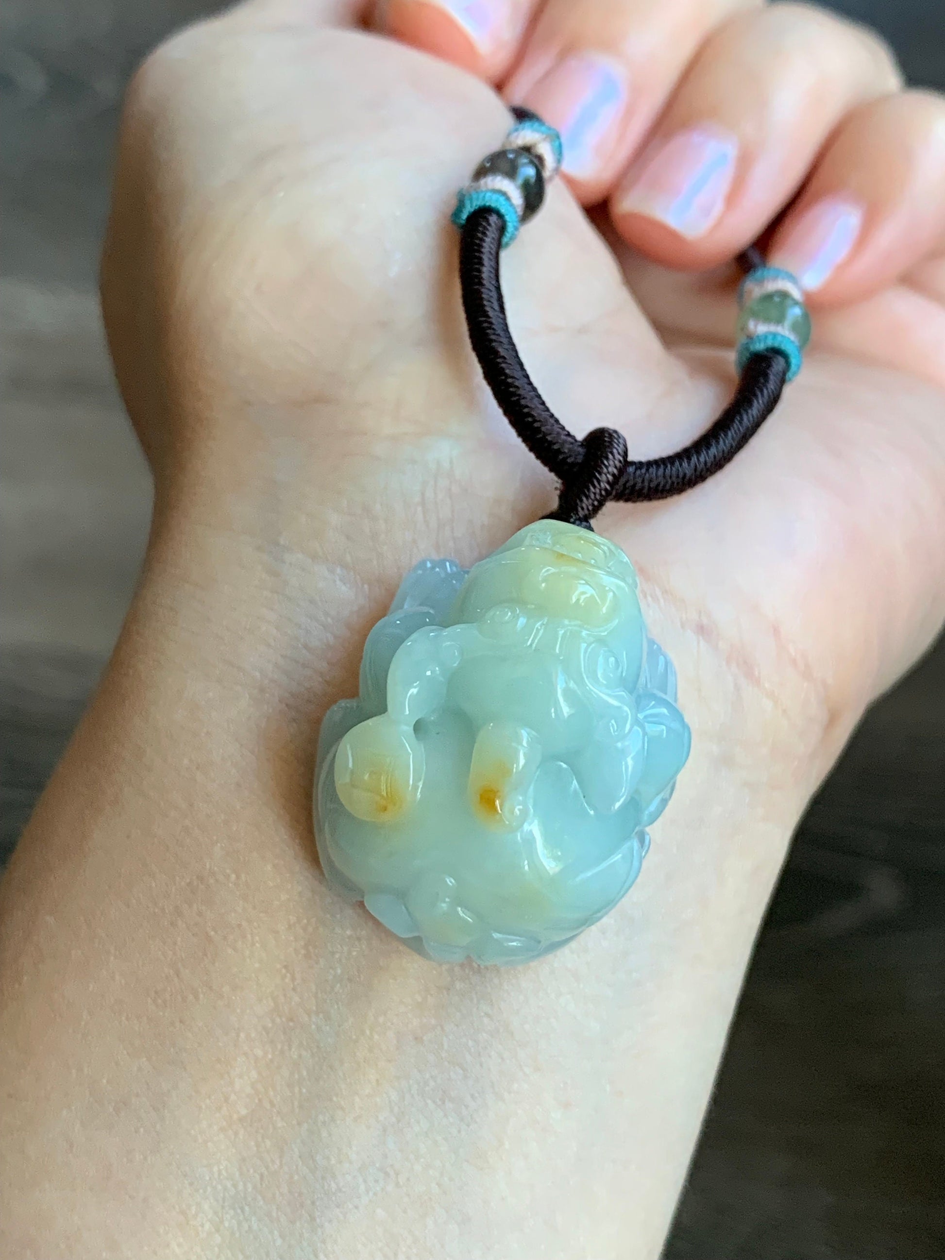 Large Natural Burmese Jadeite Icy Translucent Light Blue Jadeite w/ Golden Yellow Marbling Pixiu Pendant Rope Necklace 天然缅甸厚装冰蓝撒金翡翠貔貅吊坠