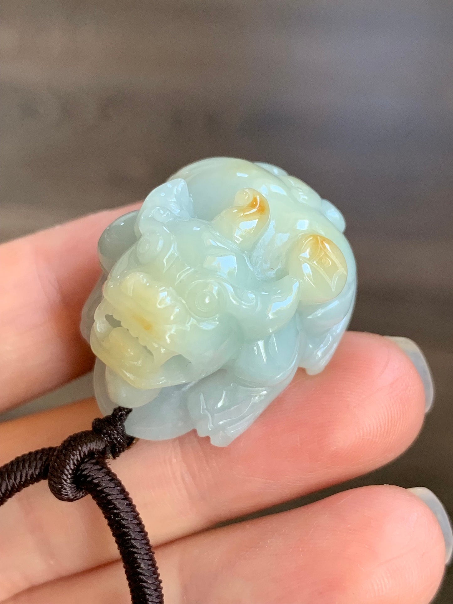 Large Natural Burmese Jadeite Icy Translucent Light Blue Jadeite w/ Golden Yellow Marbling Pixiu Pendant Rope Necklace 天然缅甸厚装冰蓝撒金翡翠貔貅吊坠