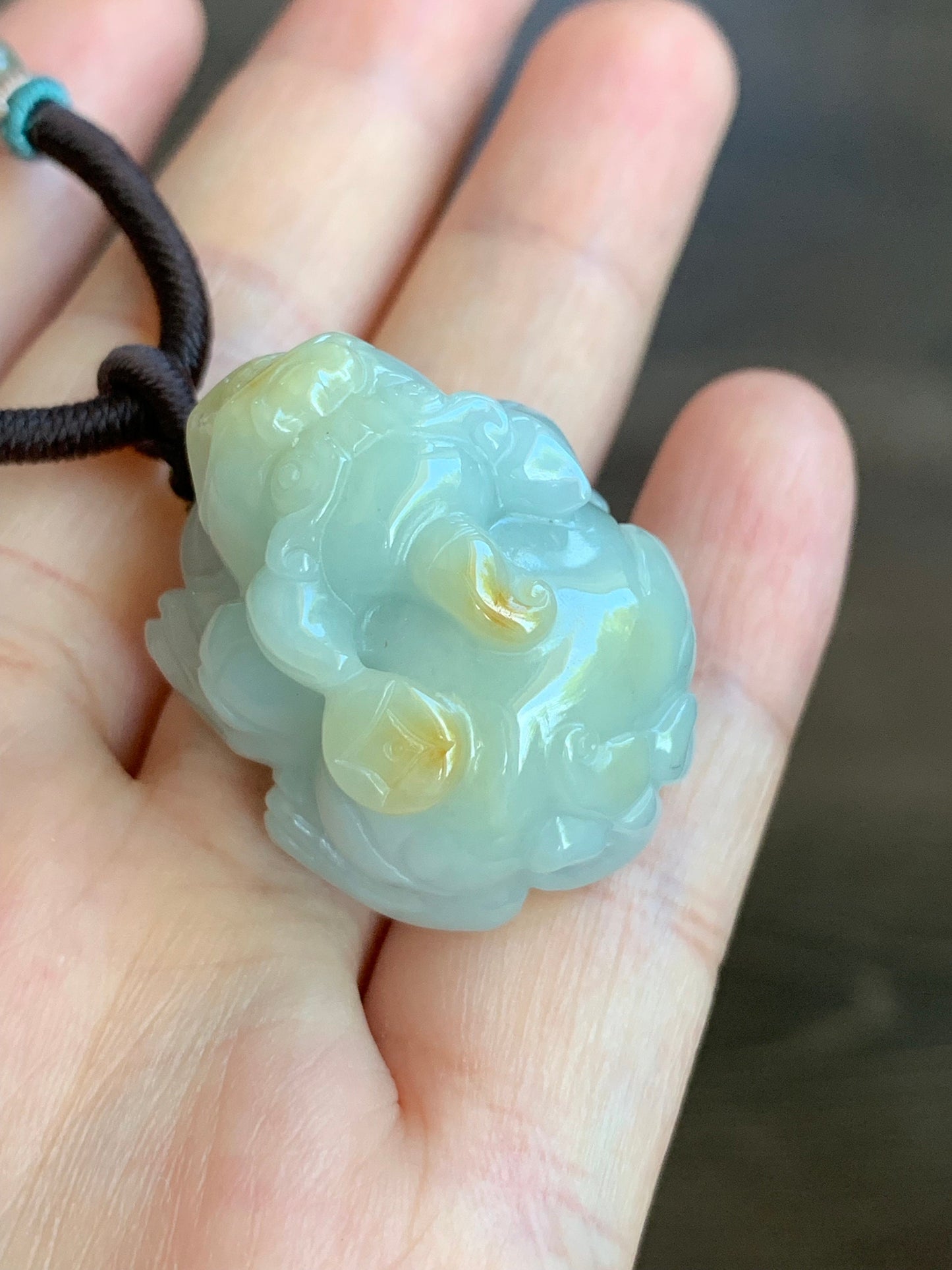 Large Natural Burmese Jadeite Icy Translucent Light Blue Jadeite w/ Golden Yellow Marbling Pixiu Pendant Rope Necklace 天然缅甸厚装冰蓝撒金翡翠貔貅吊坠