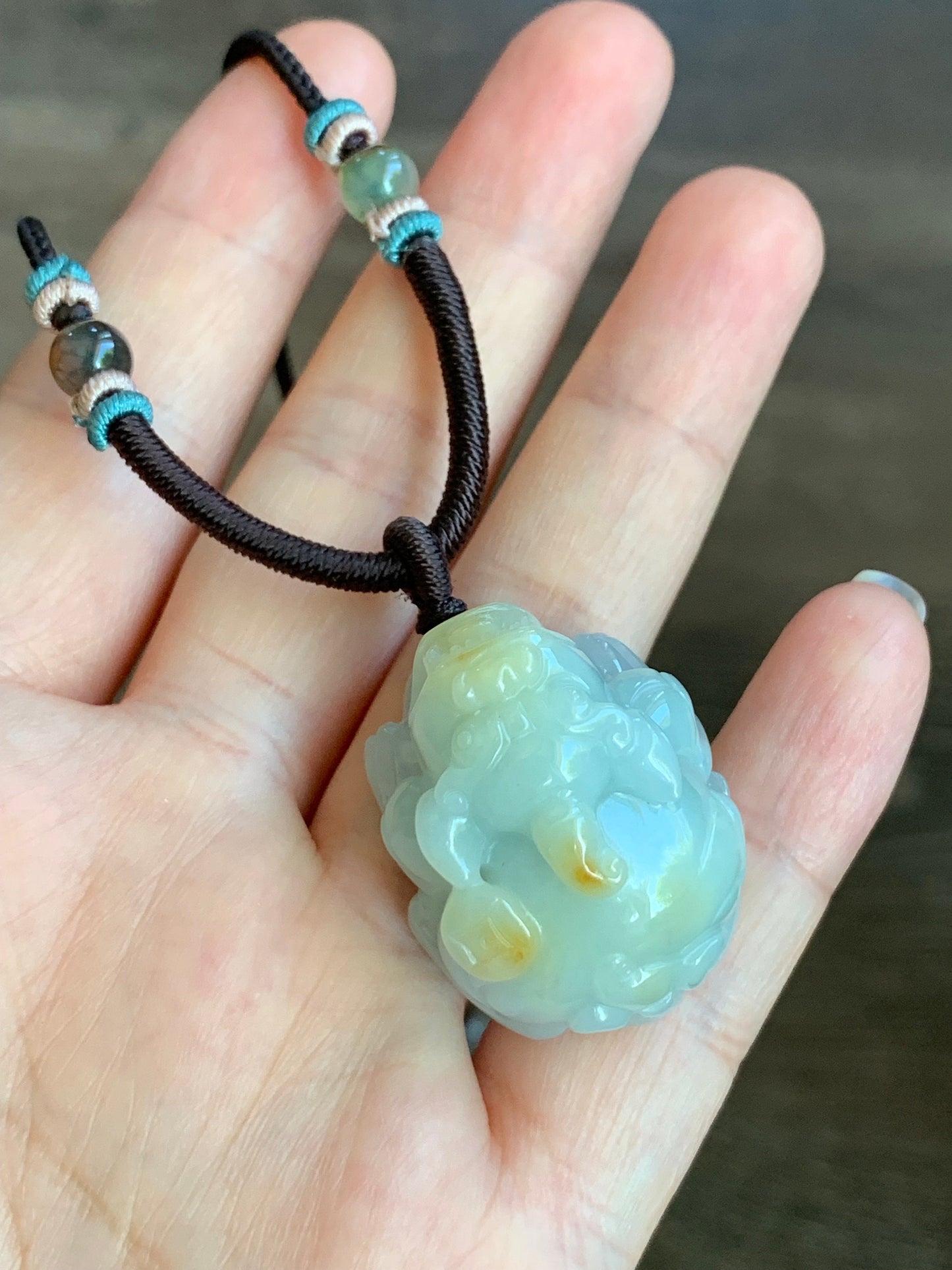 Large Natural Burmese Jadeite Icy Translucent Light Blue Jadeite w/ Golden Yellow Marbling Pixiu Pendant Rope Necklace 天然缅甸厚装冰蓝撒金翡翠貔貅吊坠