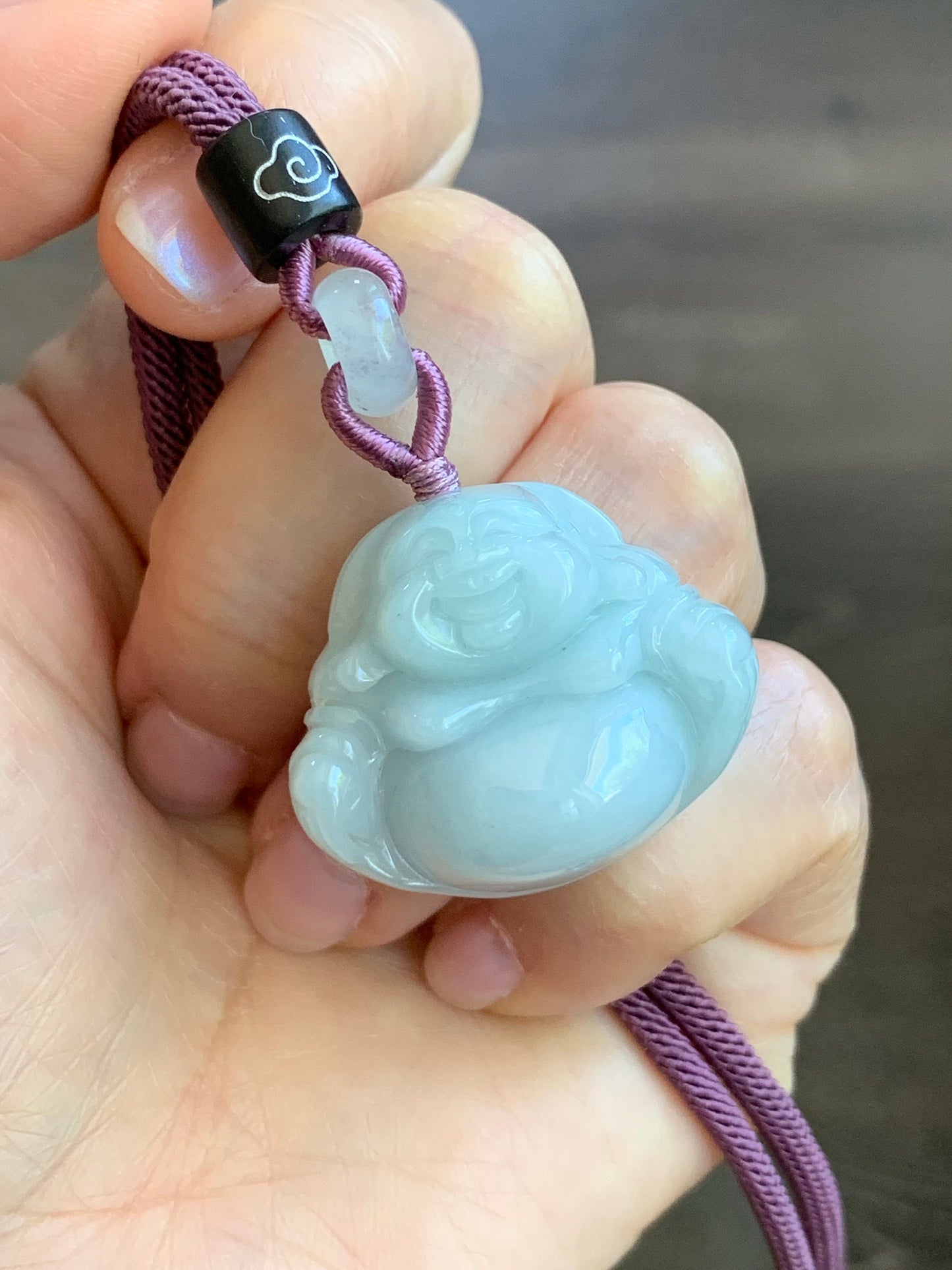 Natural Burmese Translucent Light Bluish Green Jadeite Buddha Pendant Rope Necklace 25” 天然缅甸细糯晴蓝底翡翠佛公吊坠