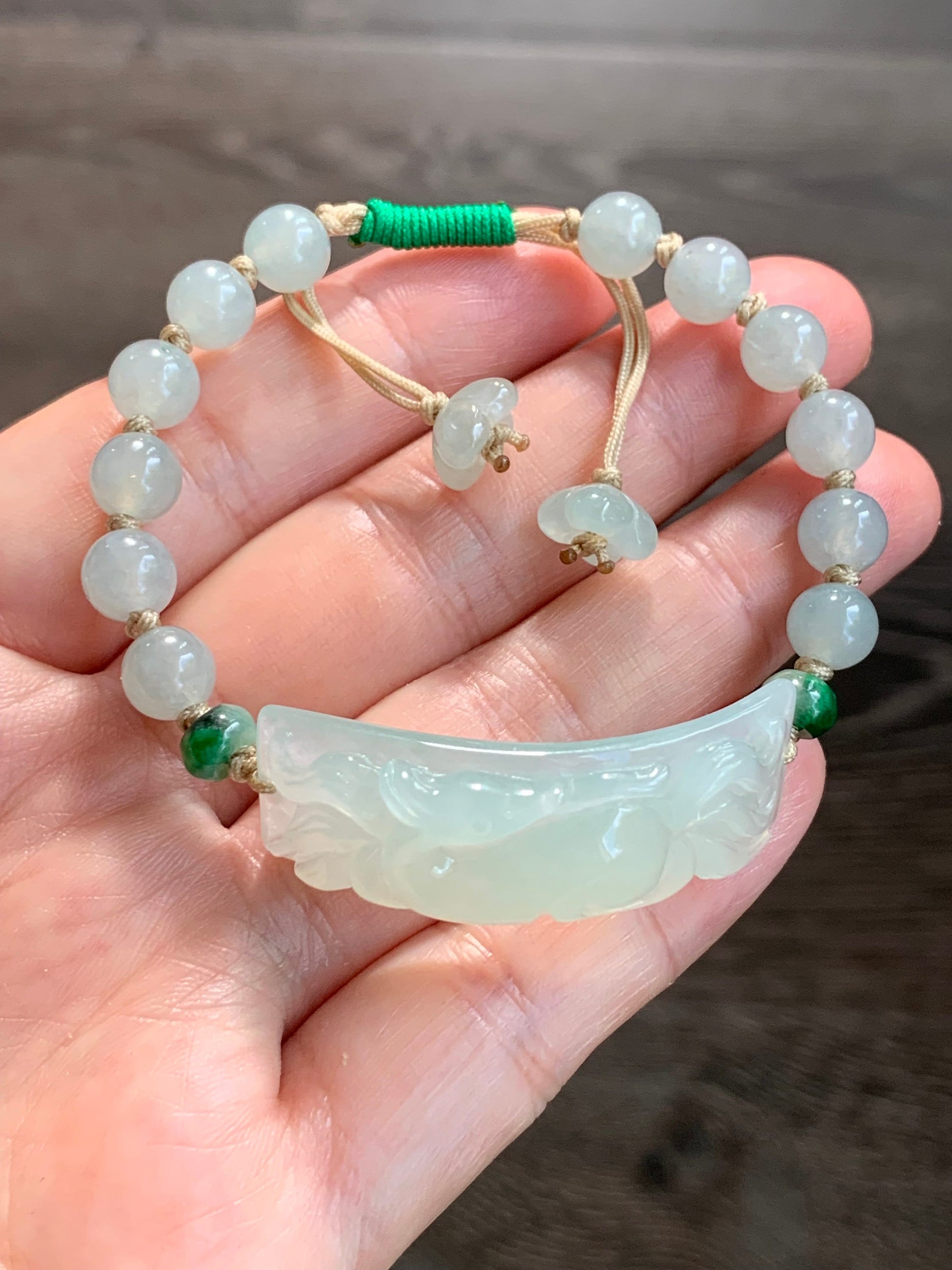 Stunning Natural Burmese Icy Translucent Gelatinous Light Green Jadeite Carved 9-Tailed Fox Beaded Bracelet 天然缅甸冰胶晴底翡翠九尾狐手牌手串