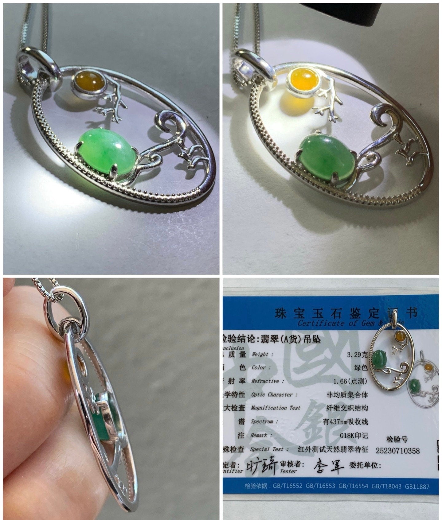 Certified Natural Burmese Icy Green & Yellow Jadeite Pendant S925 Sterling Silver 天然缅甸冰绿加黄翡翠镶嵌吊坠 358