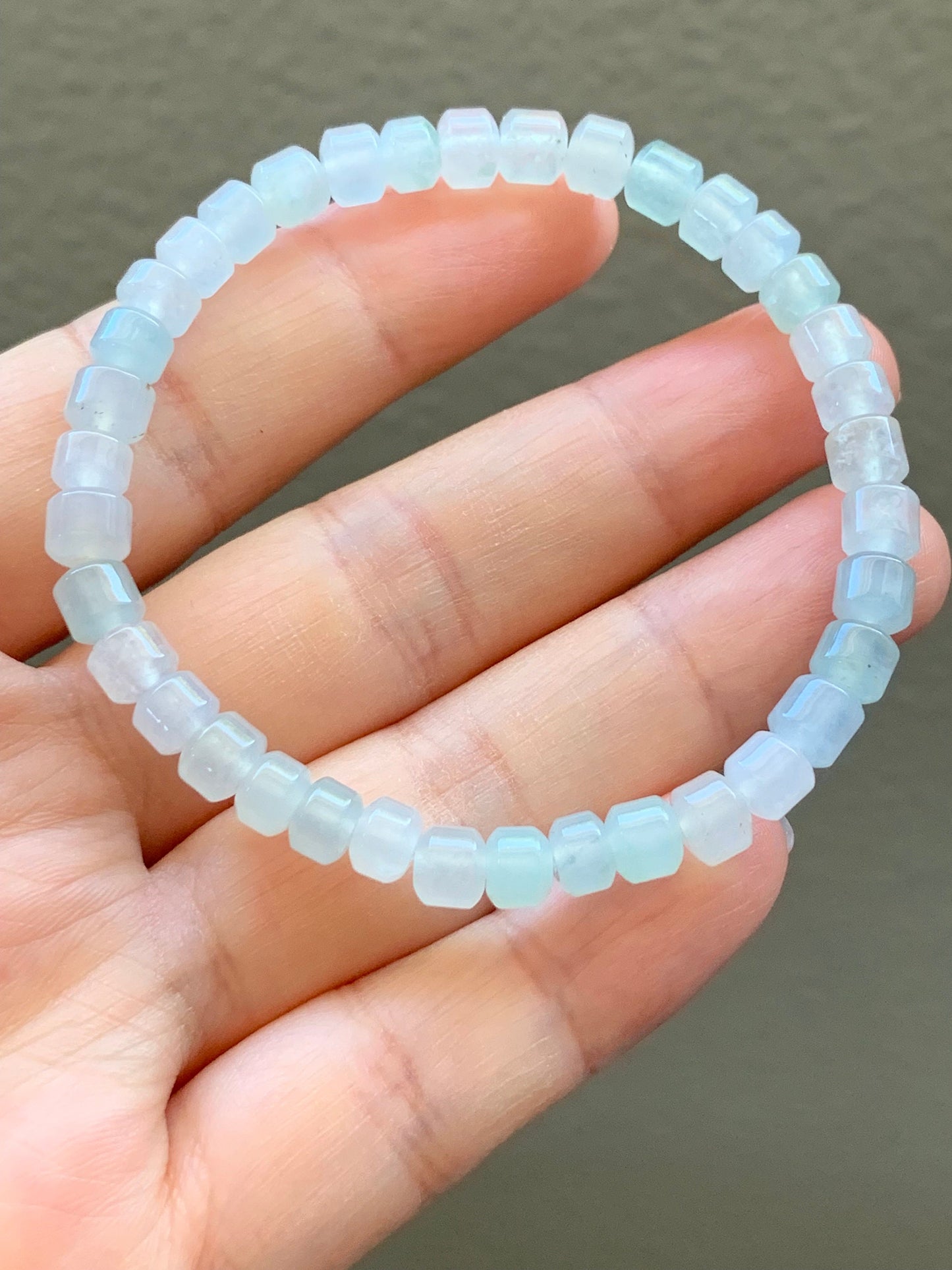 Stunning Natural Burmese A Graded Icy Highly Translucent Clear & Light Green Jadeite Modified Barrel Beads Beaded Bracelet 7” 天然缅甸冰透晴底翡翠桶珠手串