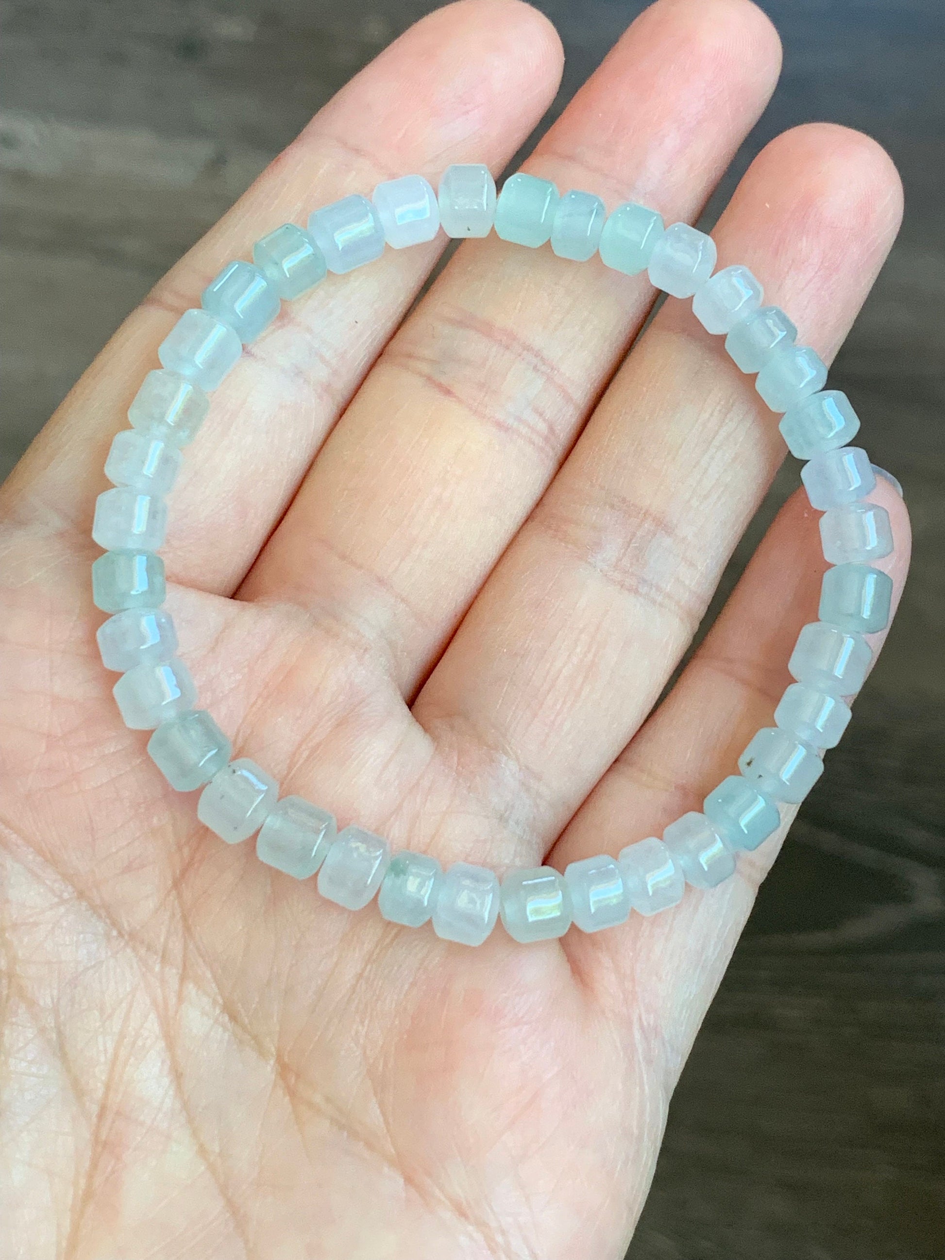 Stunning Natural Burmese A Graded Icy Highly Translucent Clear & Light Green Jadeite Modified Barrel Beads Beaded Bracelet 7” 天然缅甸冰透晴底翡翠桶珠手串