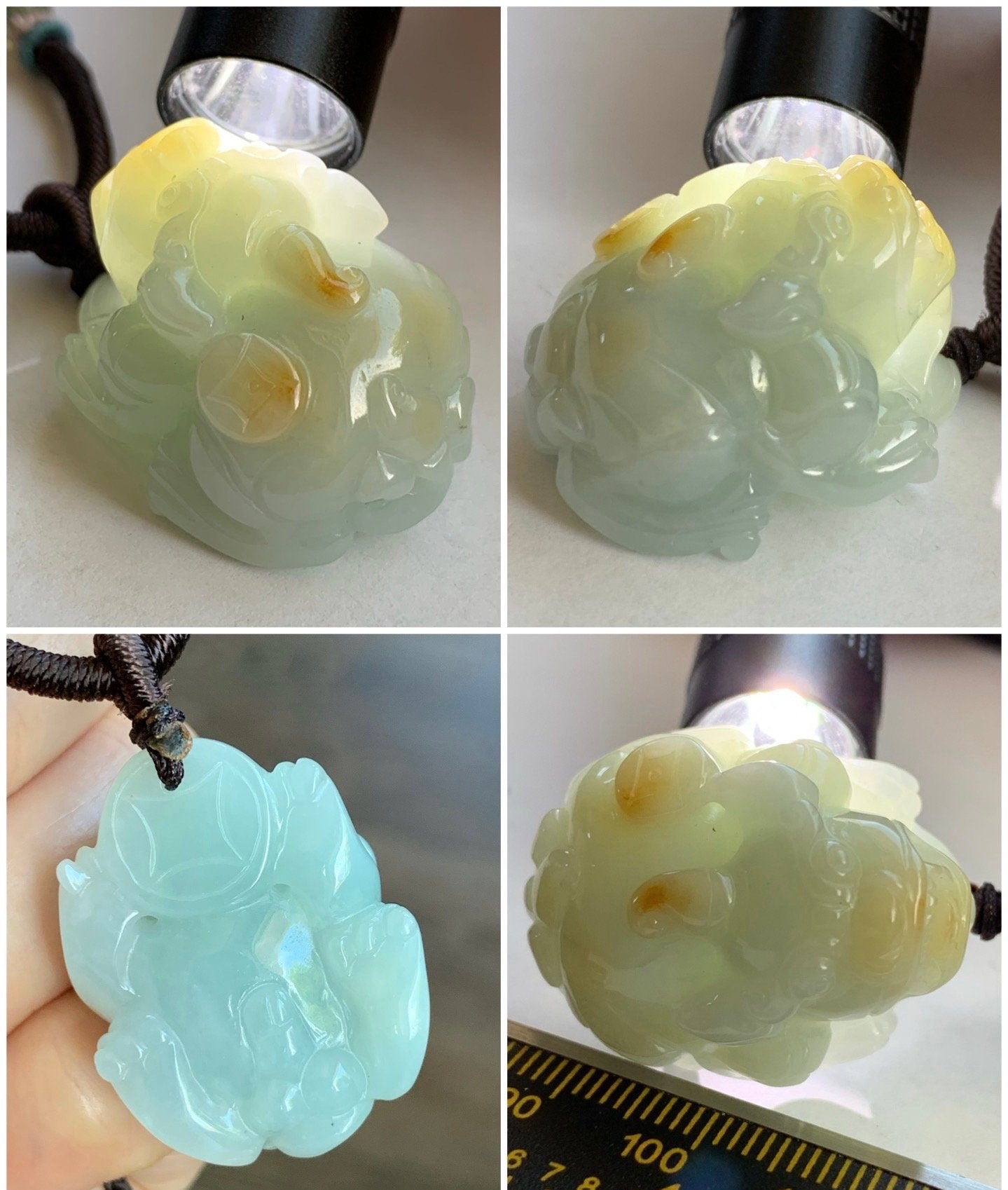 Large Natural Burmese Jadeite Icy Translucent Light Blue Jadeite w/ Golden Yellow Marbling Pixiu Pendant Rope Necklace 天然缅甸厚装冰蓝撒金翡翠貔貅吊坠