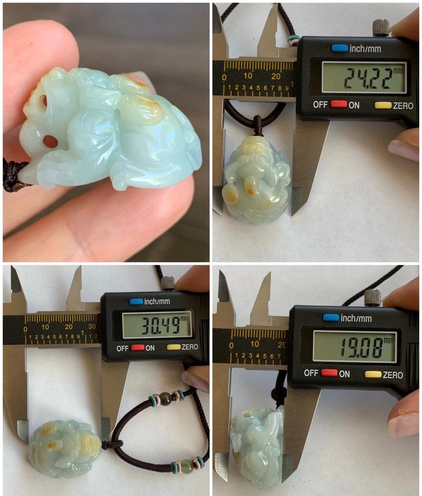 Large Natural Burmese Jadeite Icy Translucent Light Blue Jadeite w/ Golden Yellow Marbling Pixiu Pendant Rope Necklace 天然缅甸厚装冰蓝撒金翡翠貔貅吊坠