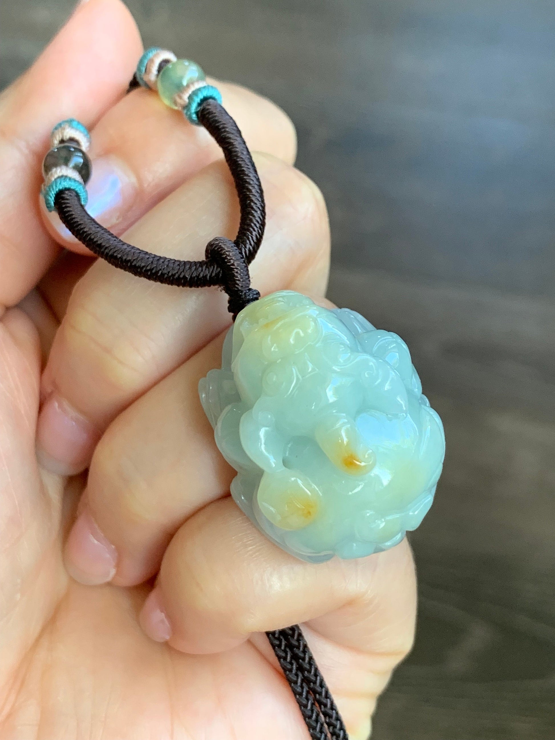 Large Natural Burmese Jadeite Icy Translucent Light Blue Jadeite w/ Golden Yellow Marbling Pixiu Pendant Rope Necklace 天然缅甸厚装冰蓝撒金翡翠貔貅吊坠