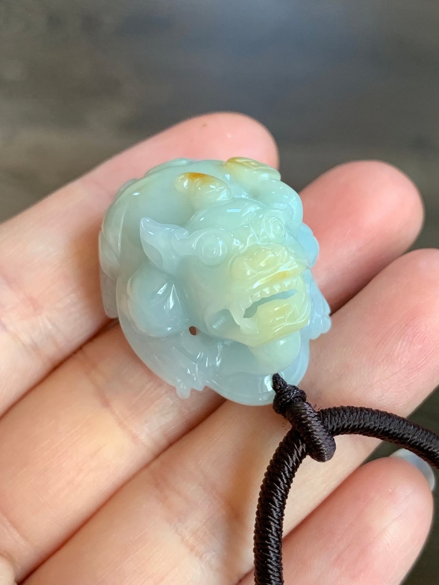 Large Natural Burmese Jadeite Icy Translucent Light Blue Jadeite w/ Golden Yellow Marbling Pixiu Pendant Rope Necklace 天然缅甸厚装冰蓝撒金翡翠貔貅吊坠