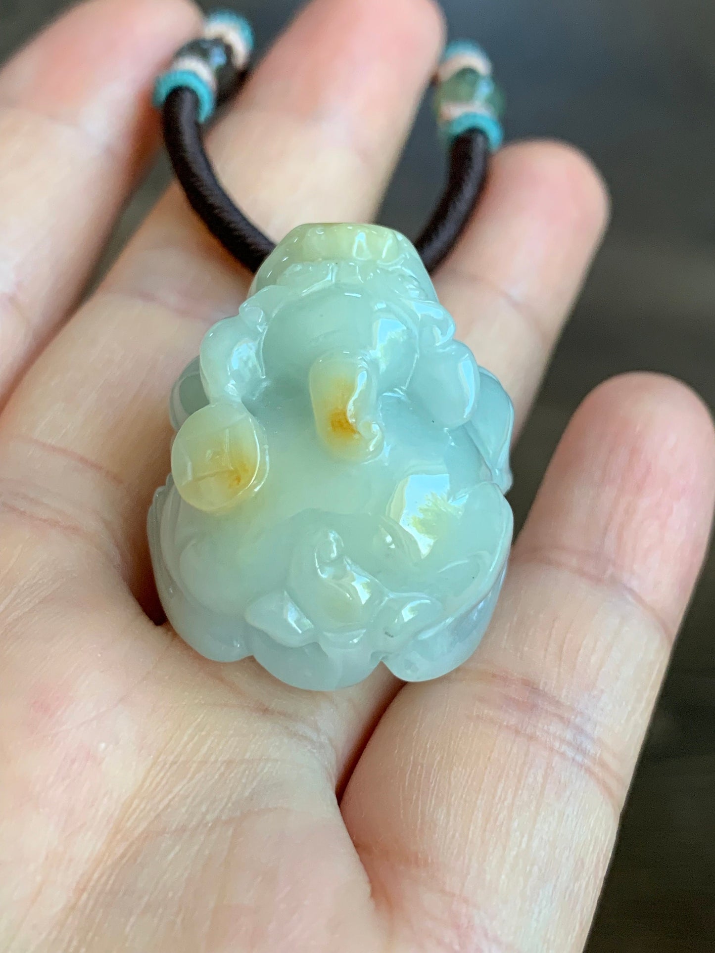 Large Natural Burmese Jadeite Icy Translucent Light Blue Jadeite w/ Golden Yellow Marbling Pixiu Pendant Rope Necklace 天然缅甸厚装冰蓝撒金翡翠貔貅吊坠