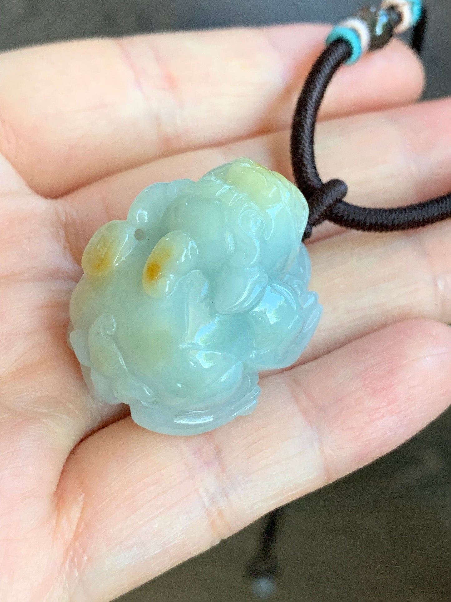 Large Natural Burmese Jadeite Icy Translucent Light Blue Jadeite w/ Golden Yellow Marbling Pixiu Pendant Rope Necklace 天然缅甸厚装冰蓝撒金翡翠貔貅吊坠