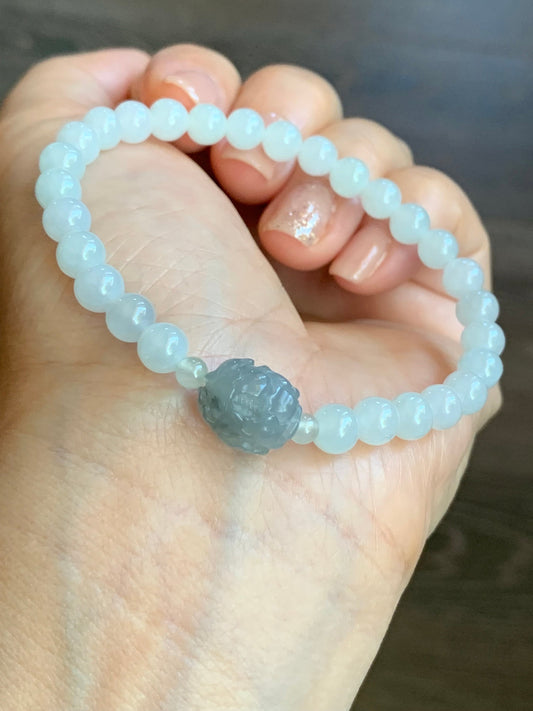 Natural Burmese Icy Translucent White Jadeite Beads & Icy Wuji Jadeite Peony Flower Beaded Bracelet 6mm 7” Stretchy 天然缅甸白冰翡翠珠冰乌鸡牡丹花手串