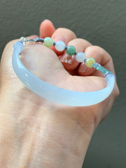 Natural Burmese Icy Translucent Gelatinous White Jadeite Half Bangle & Multicolored Beads Rope Bracelet Sterling Silver 52mm 天然缅甸冰胶翡翠半镯手绳