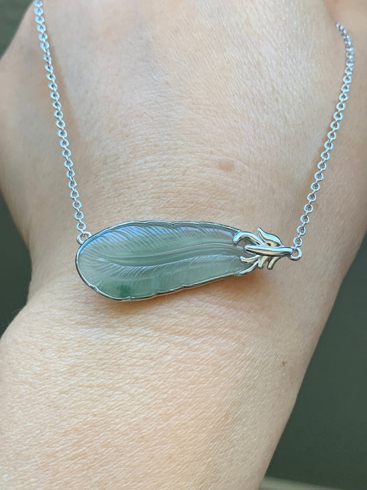 Certified Natural Burmese Icy Translucent Gelatinous Light Green Jadeite Carved Feather Pendant & Necklace 16”-17” 天然缅甸冰晴绿翡翠羽毛镶嵌锁骨链